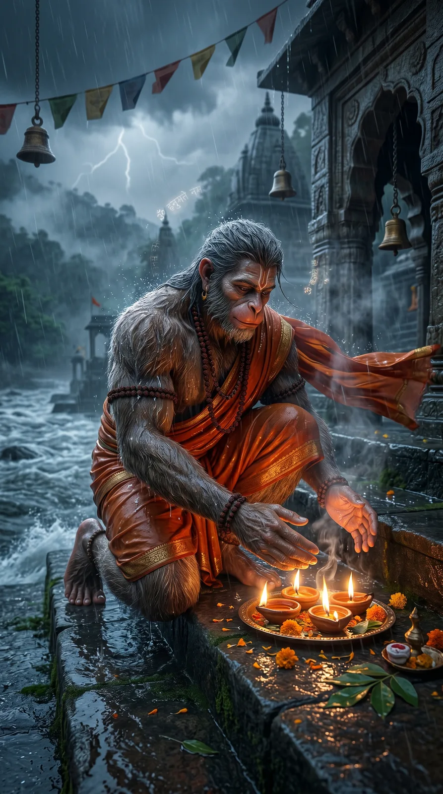 Hanuman warming hands beside temple diyas during storm cinematic AI art prompt