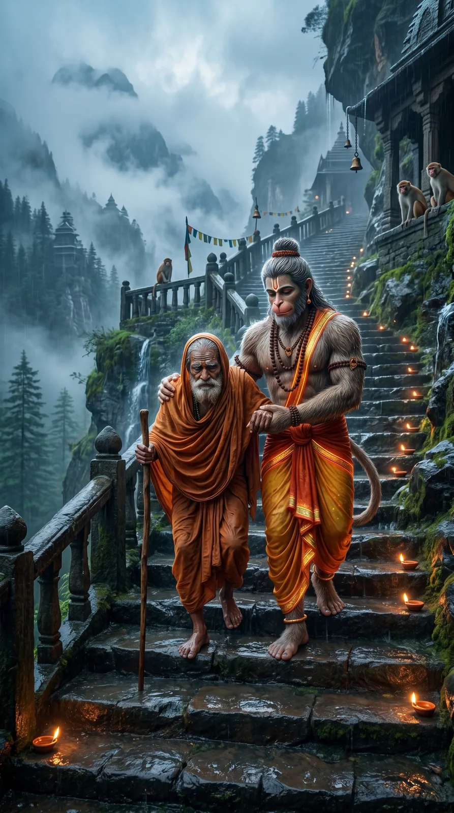 Hanuman helping elderly sage on mountain temple steps cinematic AI art prompt
