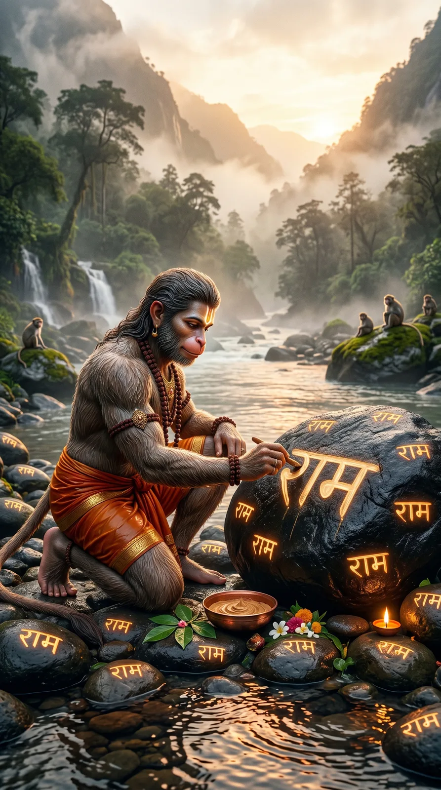 Hanuman carving Ram name on sacred stone cinematic AI art prompt