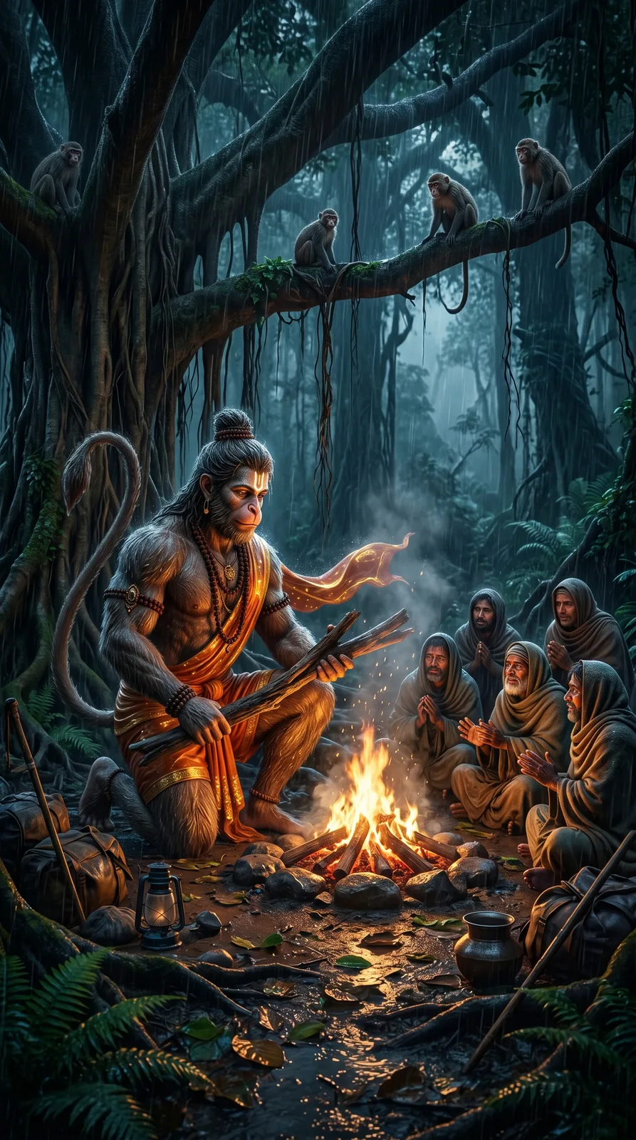 Hanuman guiding travelers around forest campfire cinematic AI art prompt