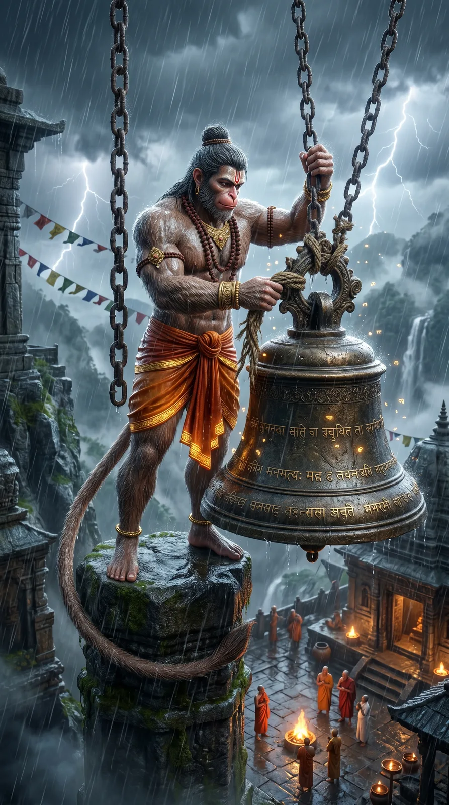 Hanuman ringing giant temple bell during storm cinematic AI art prompt