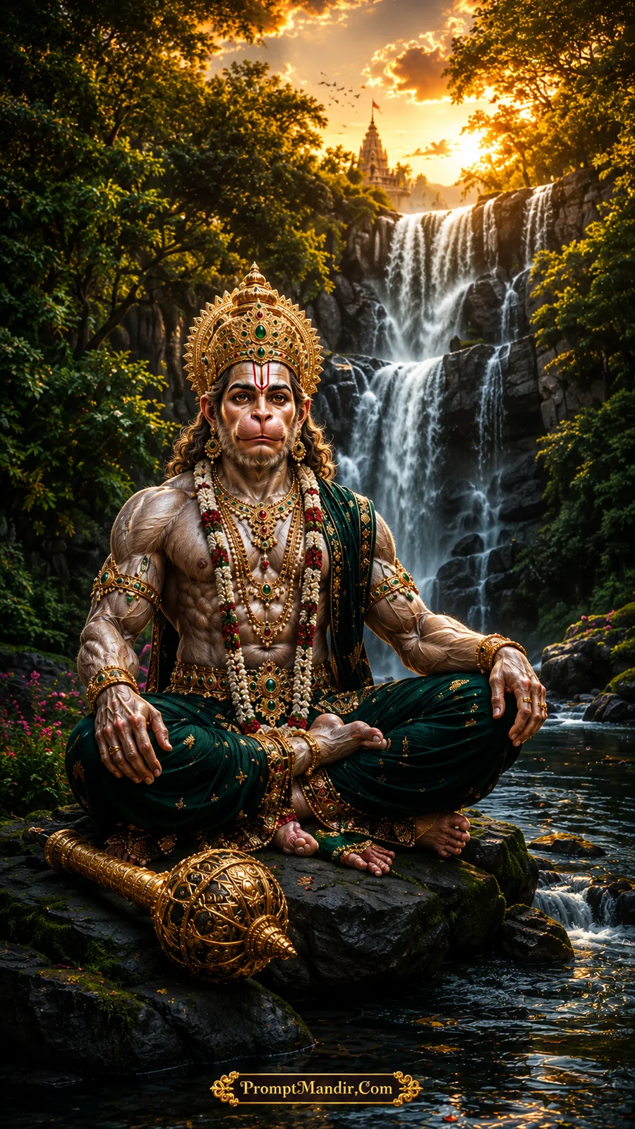 Lord Hanuman meditating beside waterfall with golden crown and forest temple backdrop