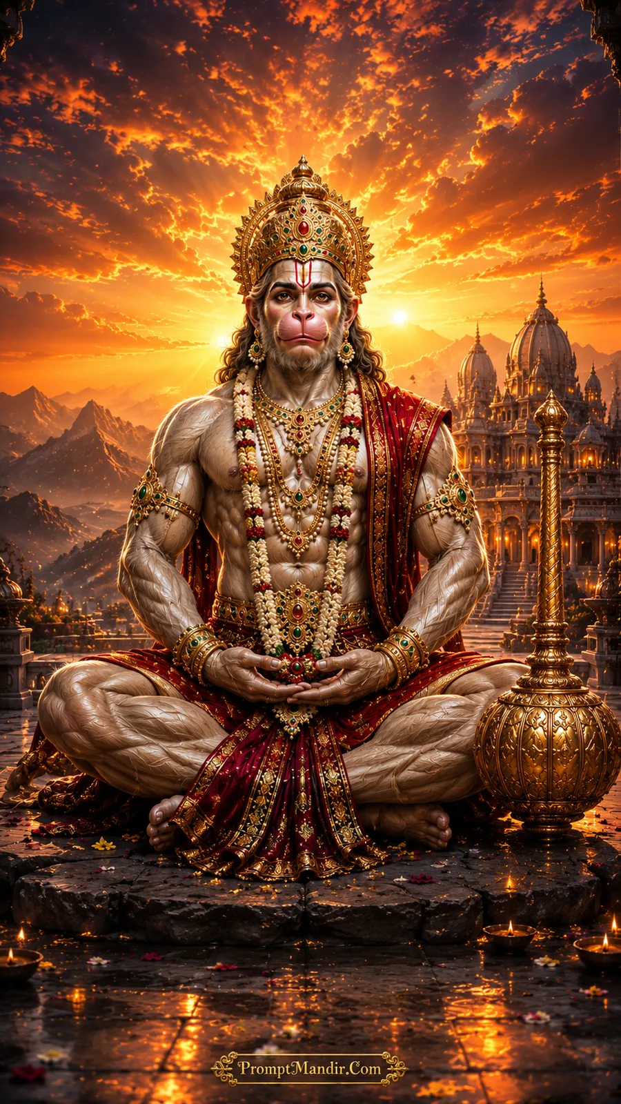 Lord Hanuman seated in meditation before glowing temple beneath fiery sunset