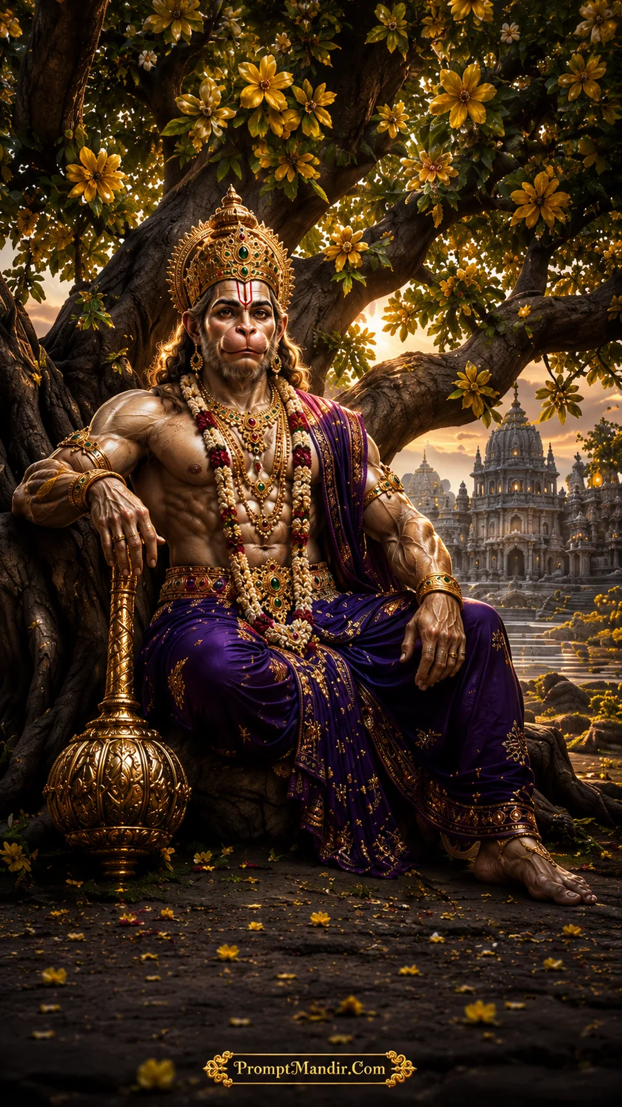 Lord Hanuman resting beneath flowering tree with grand temple in background