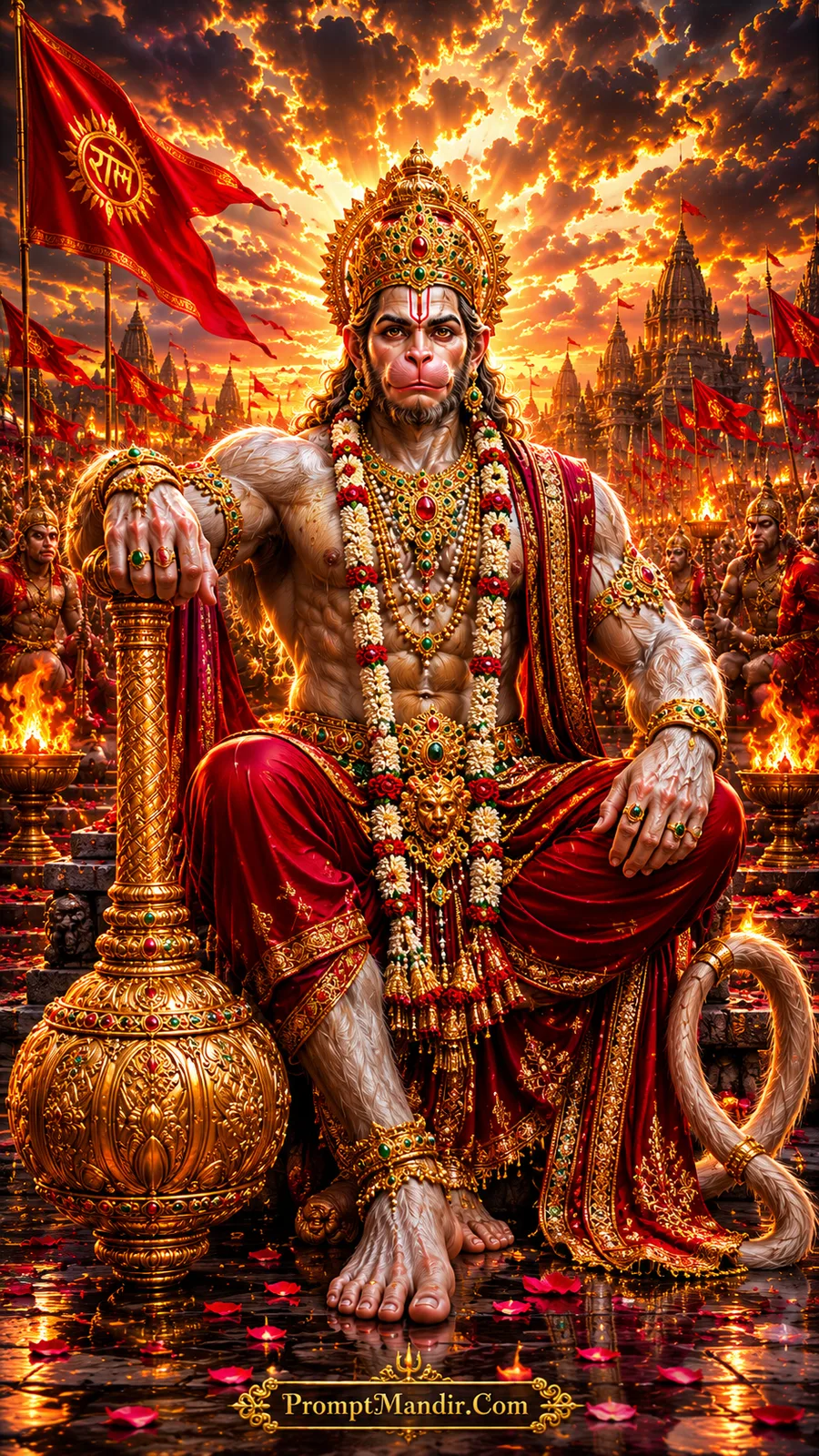 Powerful Lord Hanuman seated with golden mace amid sacred temple gathering