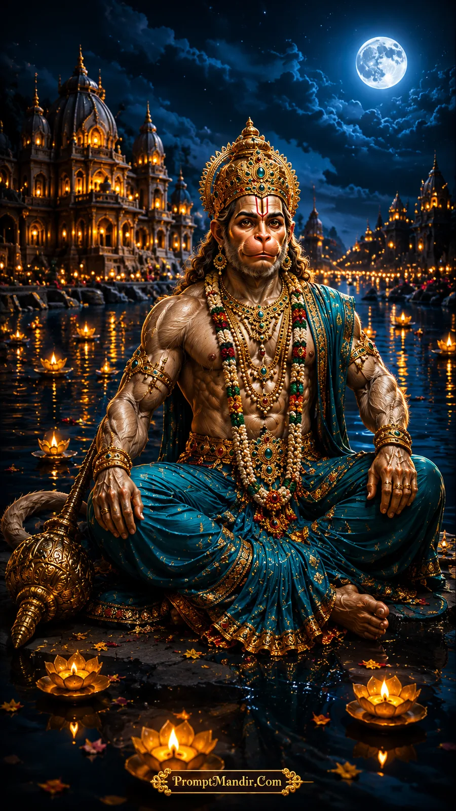 Lord Hanuman seated beside moonlit waters with floating diyas and temples