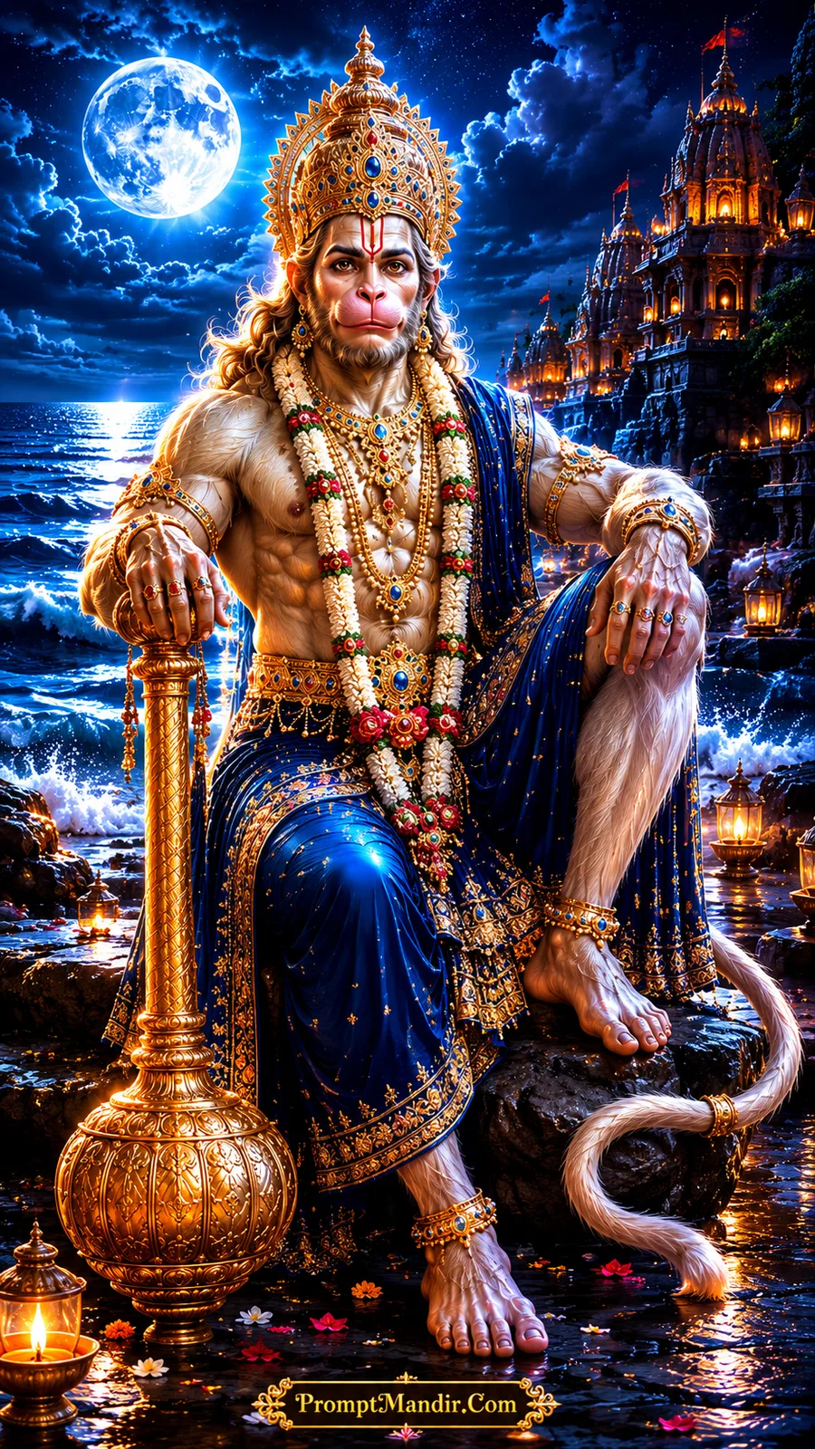 Lord Hanuman seated near moonlit ocean with illuminated temple coastline