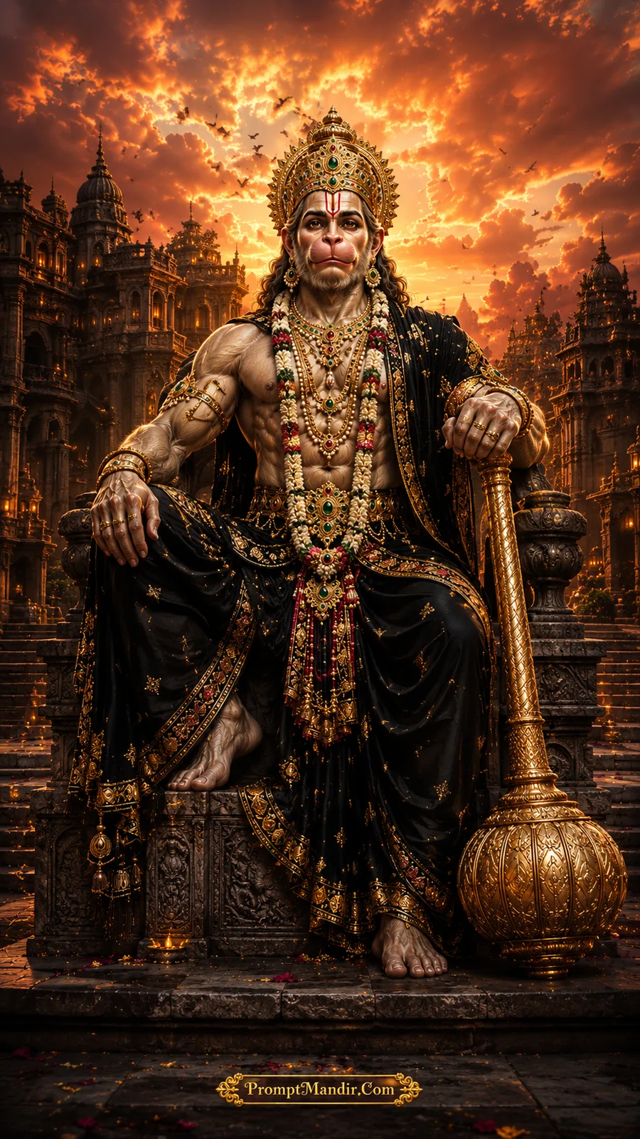 Lord Hanuman seated on ornate throne before glowing ancient temple city