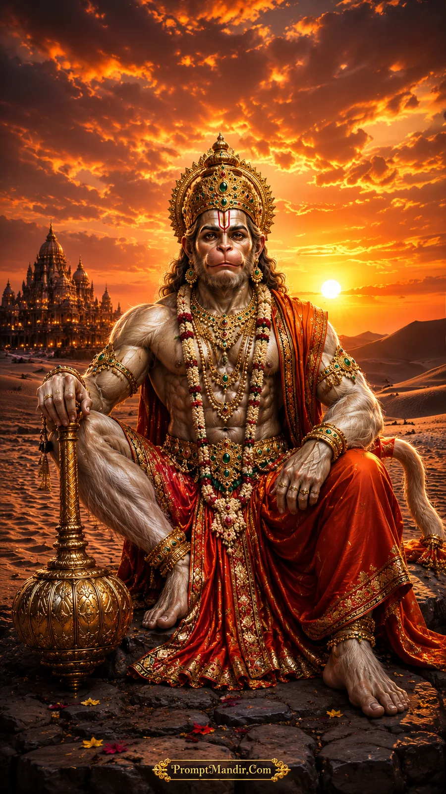 Lord Hanuman seated in desert landscape with temple and sunset horizon