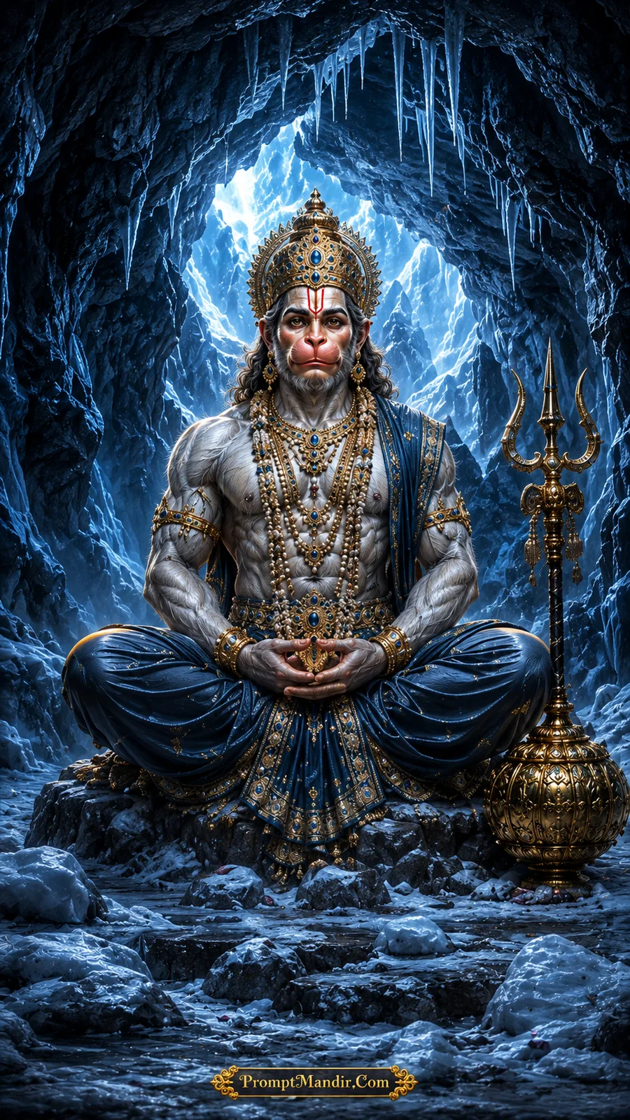 Lord Hanuman meditating inside icy cave beside ornate trident and mace