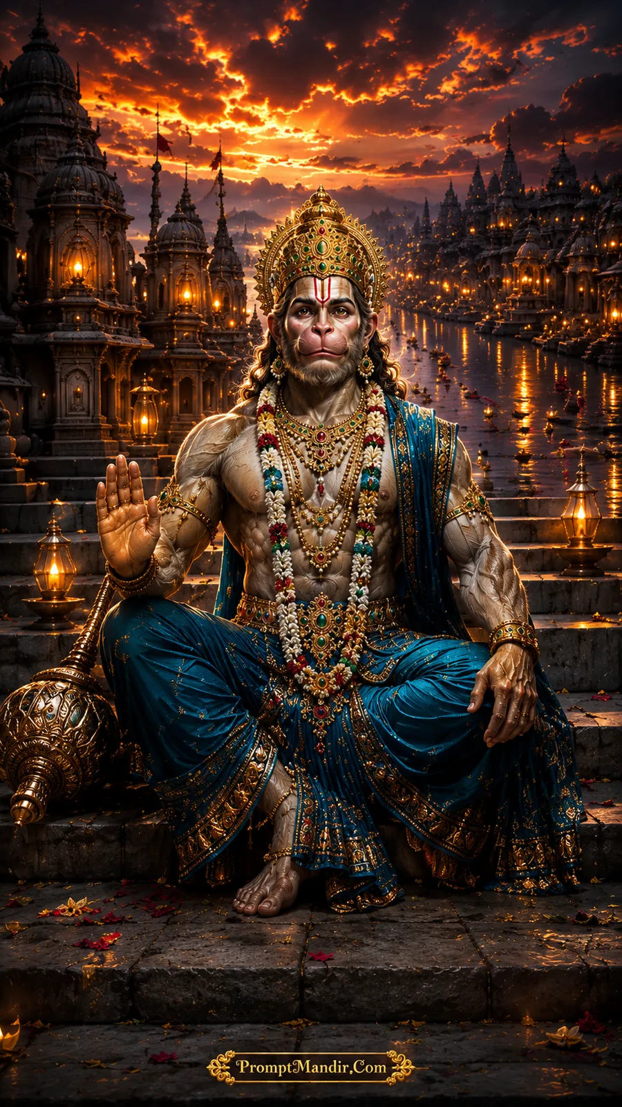 Blessing Lord Hanuman seated near illuminated riverside temples at sunset