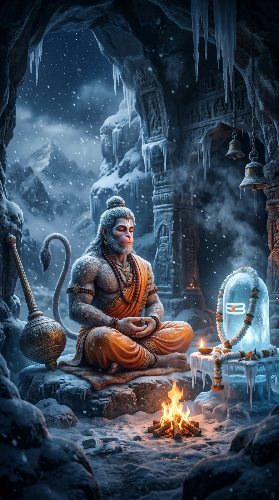 Hanuman meditating before ice Shivling in snowy cave AI prompt