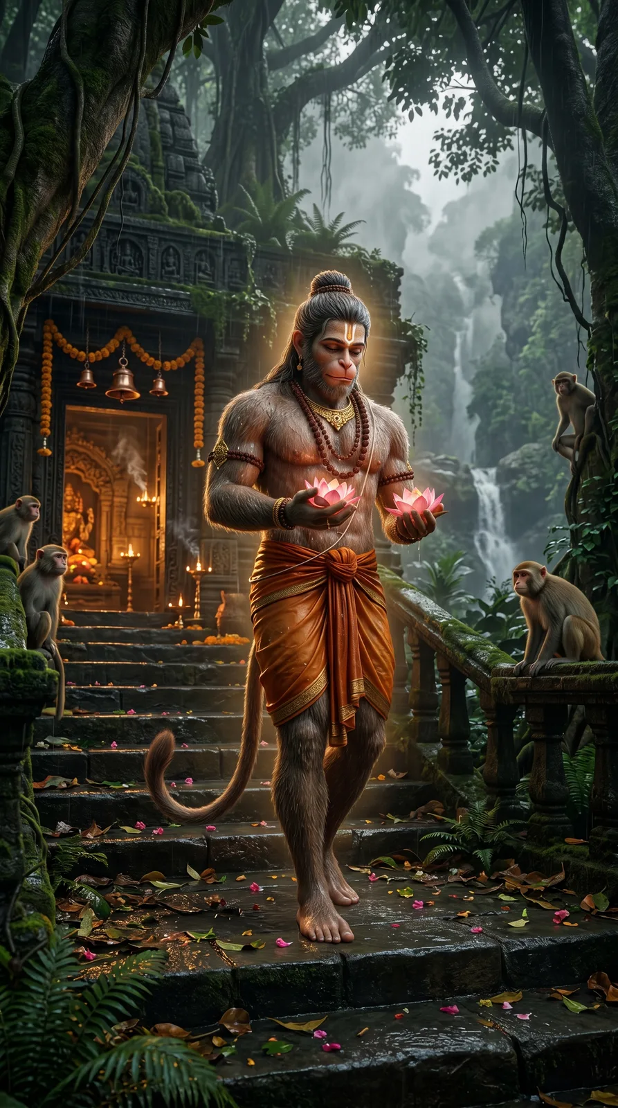 Hanuman carrying lotus flowers near jungle temple AI prompt