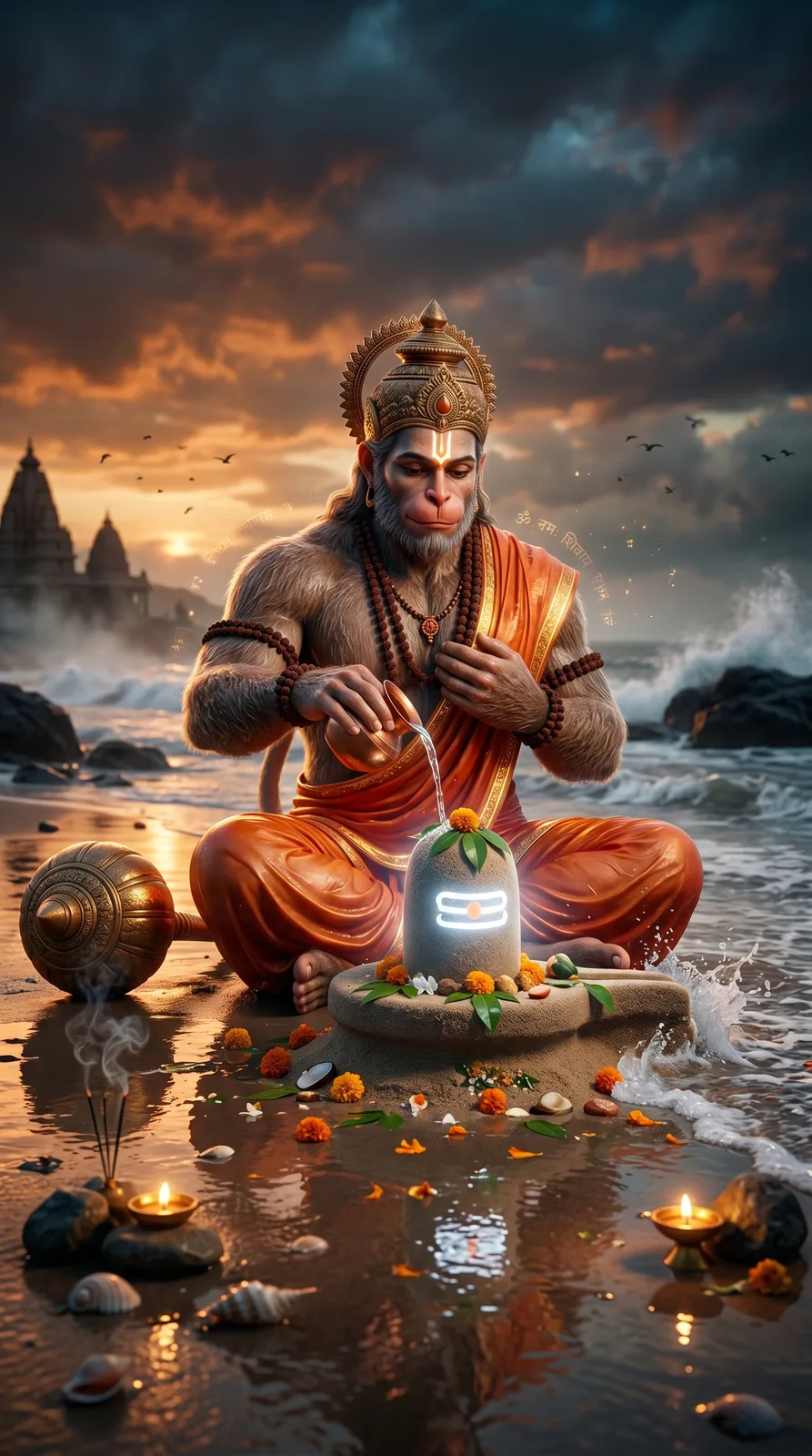 Hanuman performing Shivling abhishek on seashore at sunset AI prompt