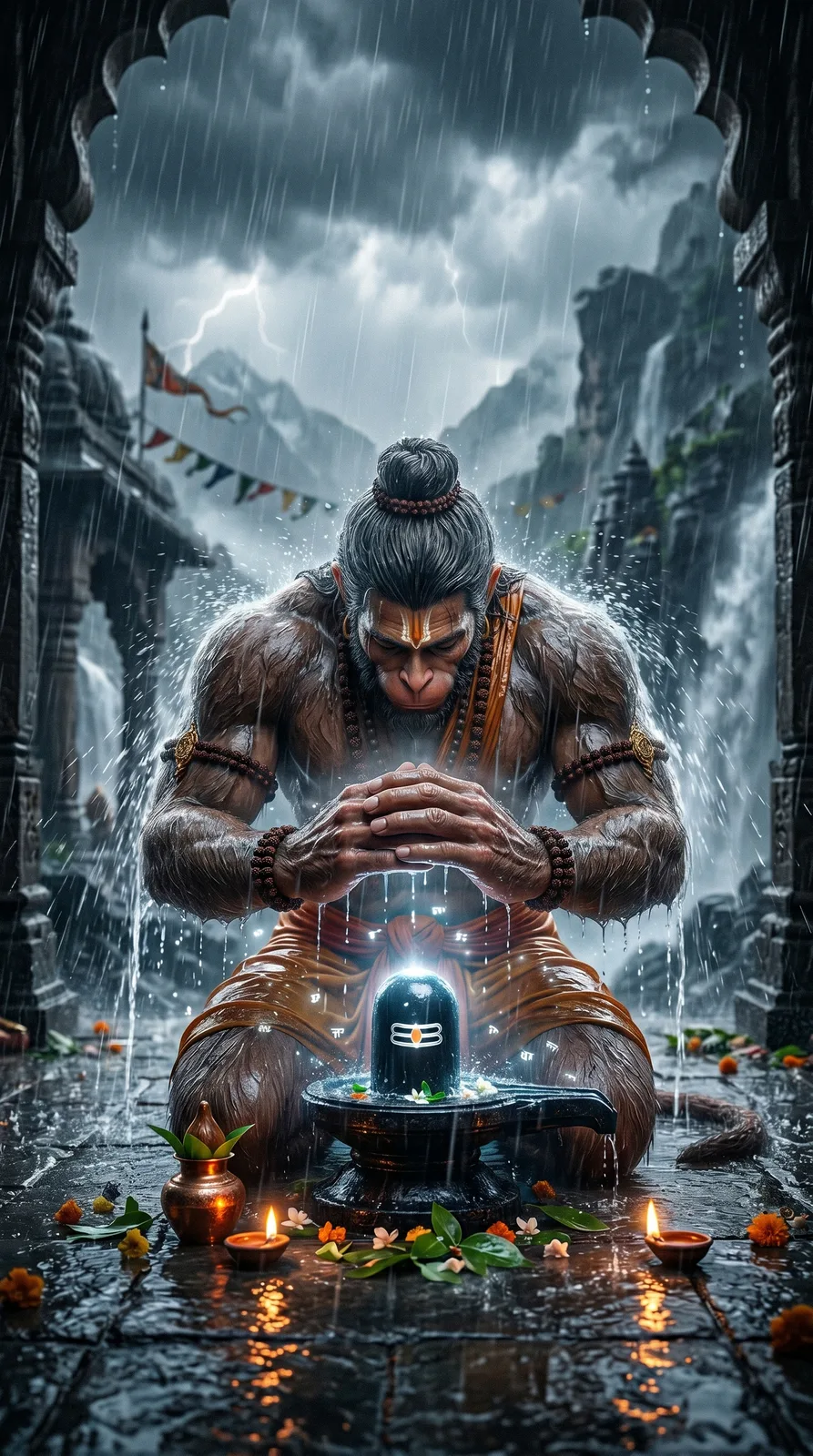 Hanuman praying to glowing Shivling in monsoon temple AI prompt