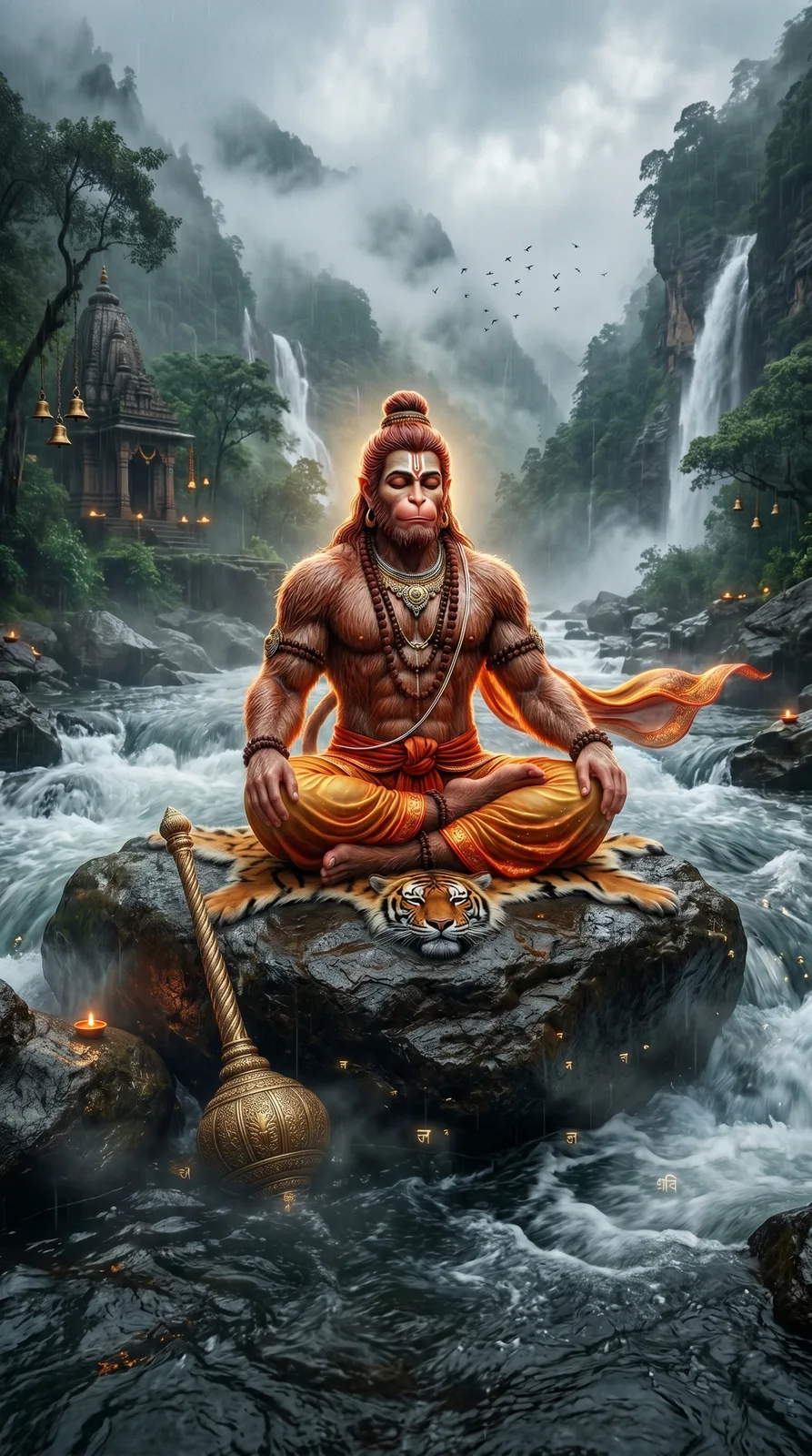 Hanuman meditating on river rock near waterfalls AI prompt