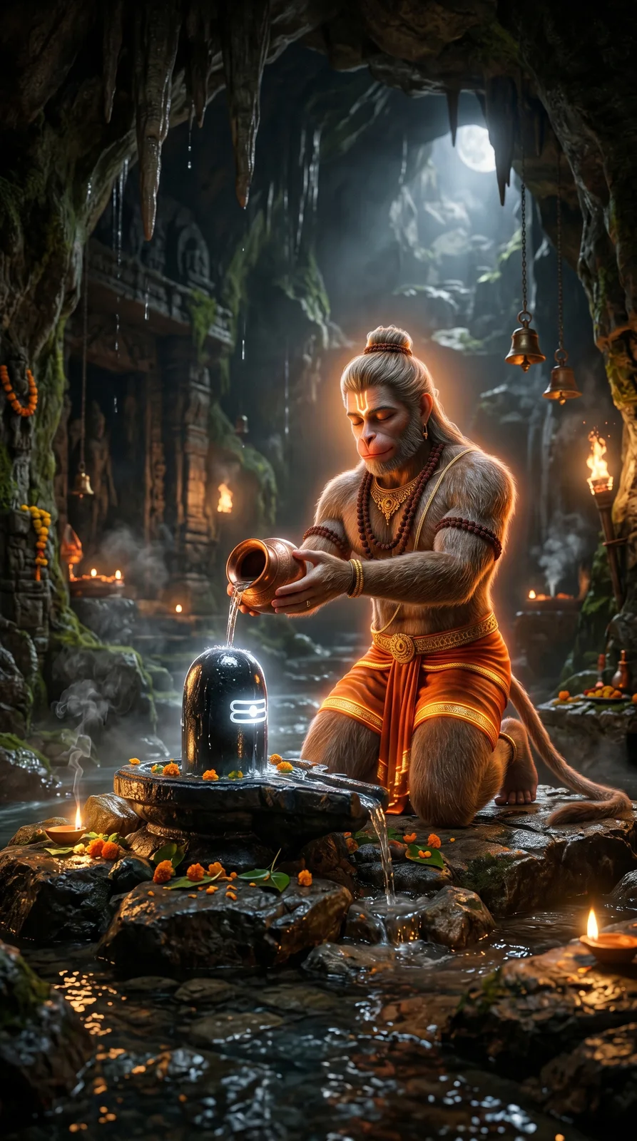 Hanuman performing cave Shivling abhishek AI art prompt