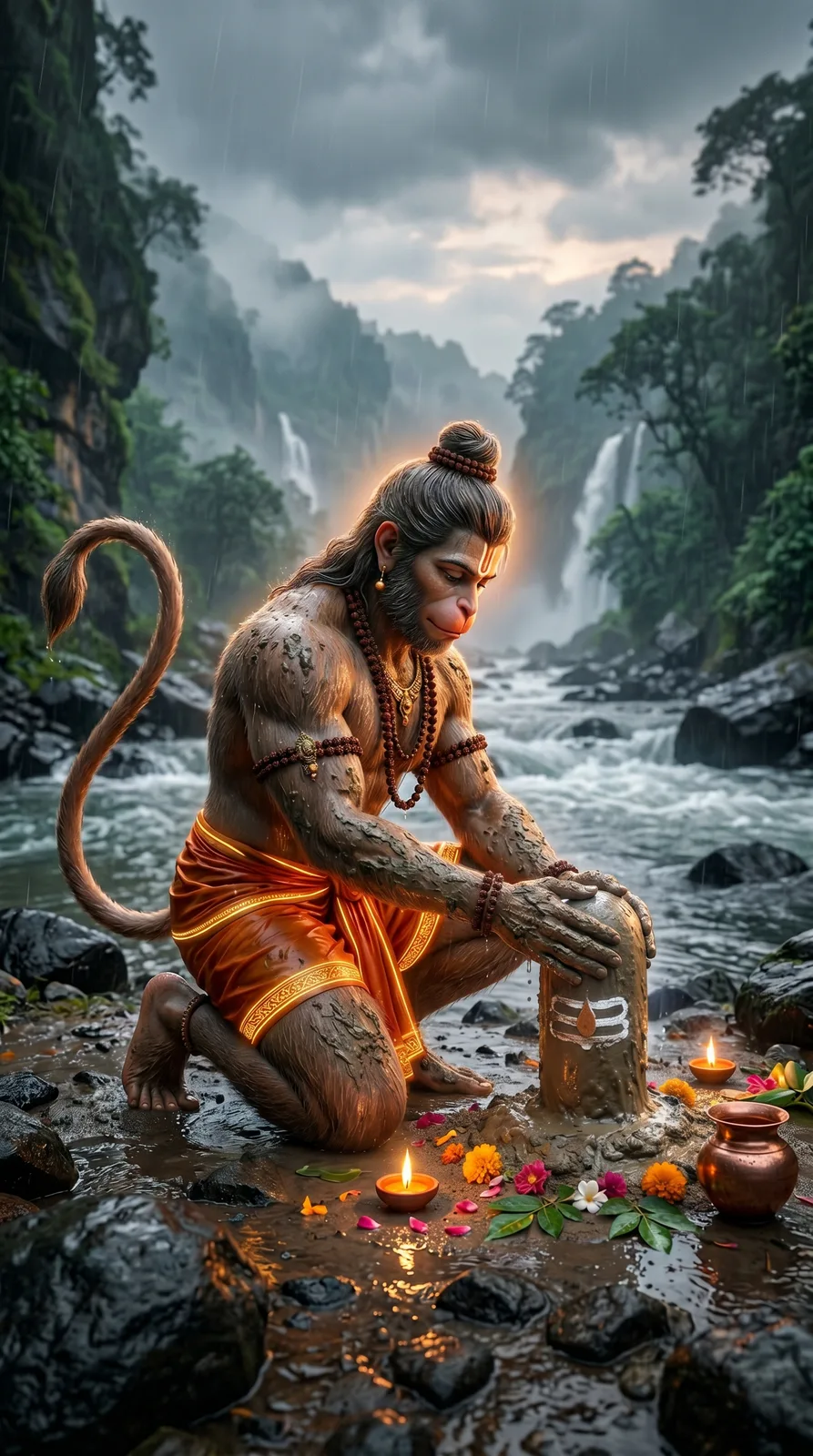 Hanuman shaping mud Shivling during monsoon AI prompt