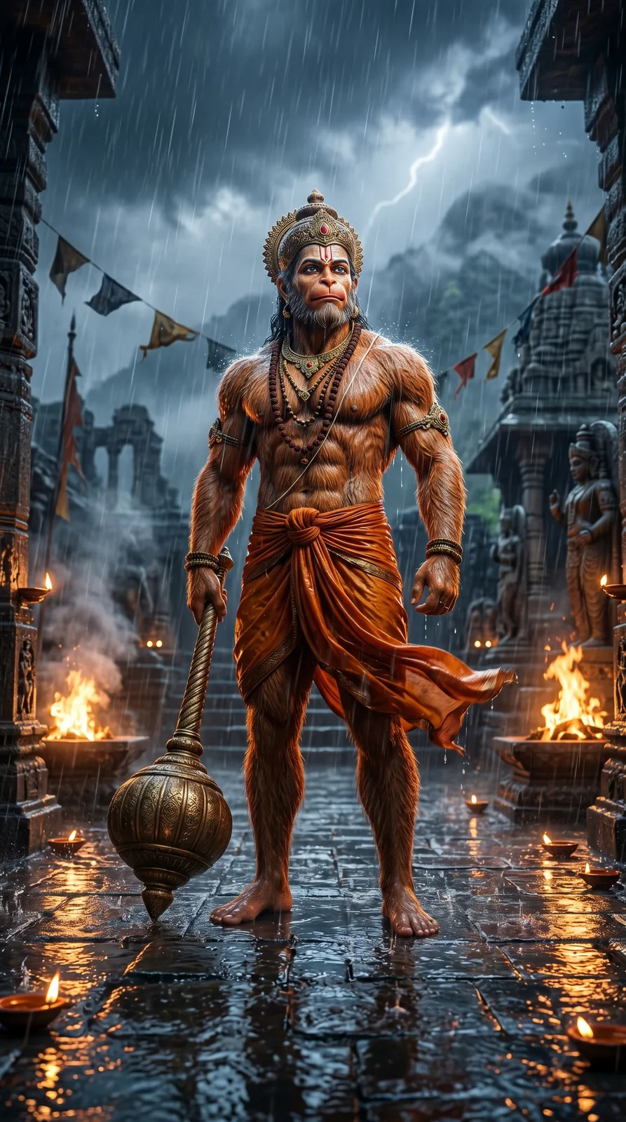 Hanuman standing in rain temple courtyard with gada AI prompt