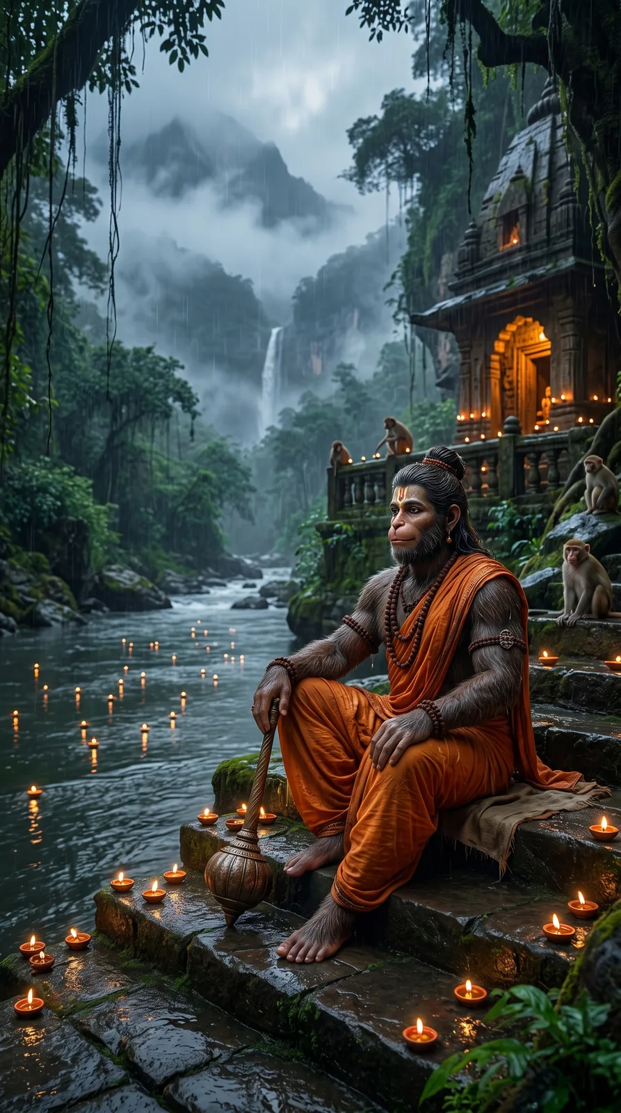 Hanuman sitting by sacred river with diyas cinematic devotional AI prompt