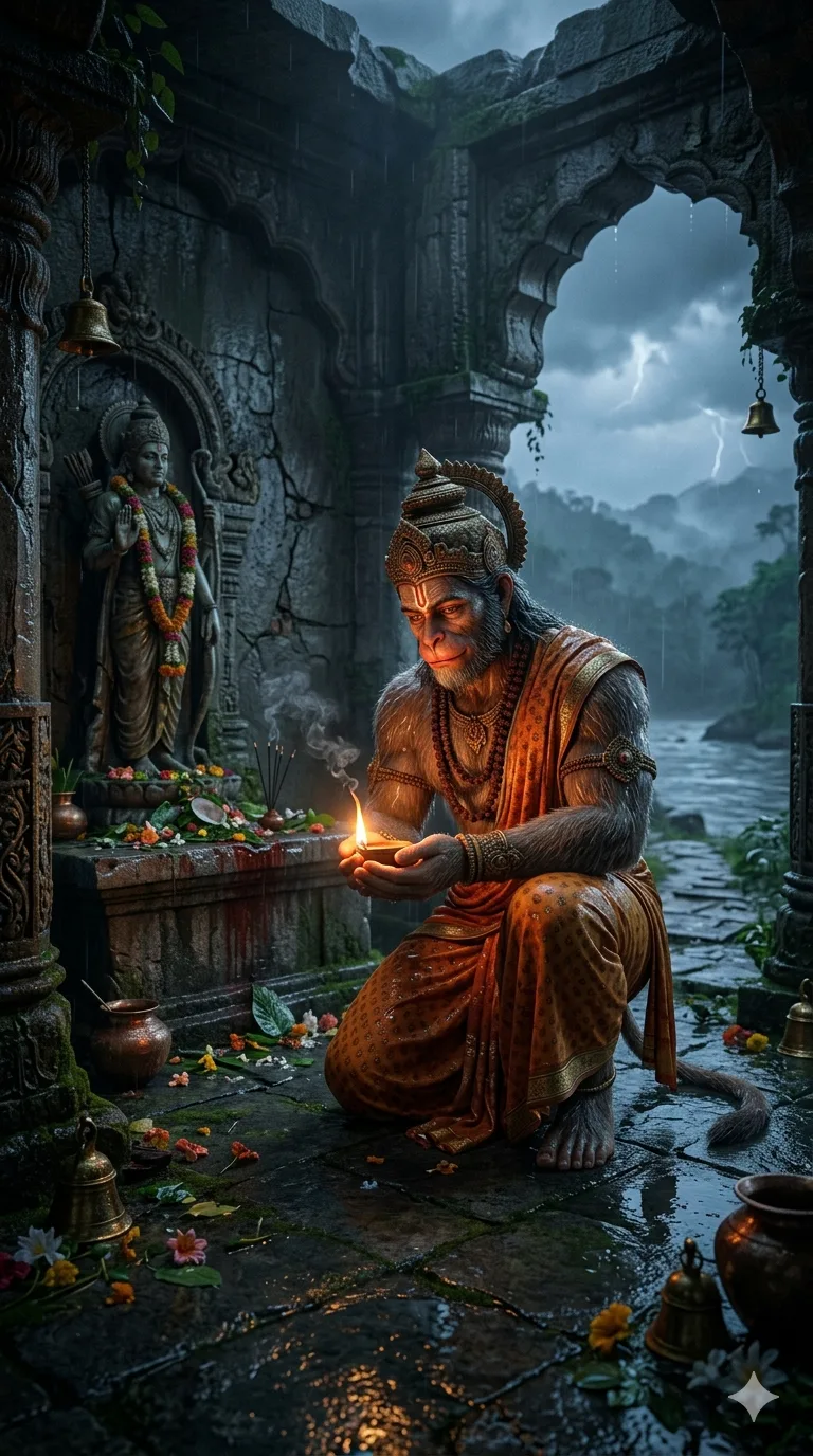 Hanuman offering diya at ancient temple shrine cinematic AI art prompt
