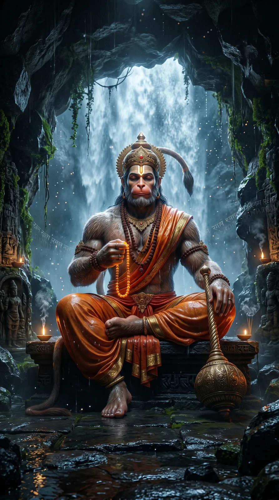 Hanuman waterfall cave meditation cinematic devotional AI art prompt