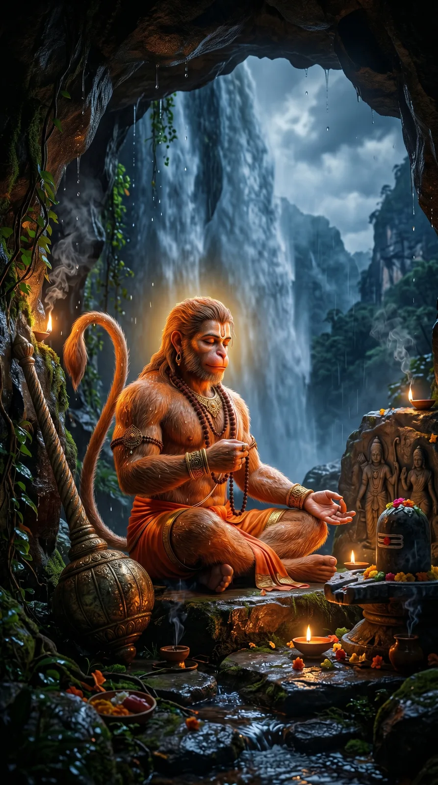 Hanuman performing spiritual meditation near waterfall shrine cinematic AI prompt