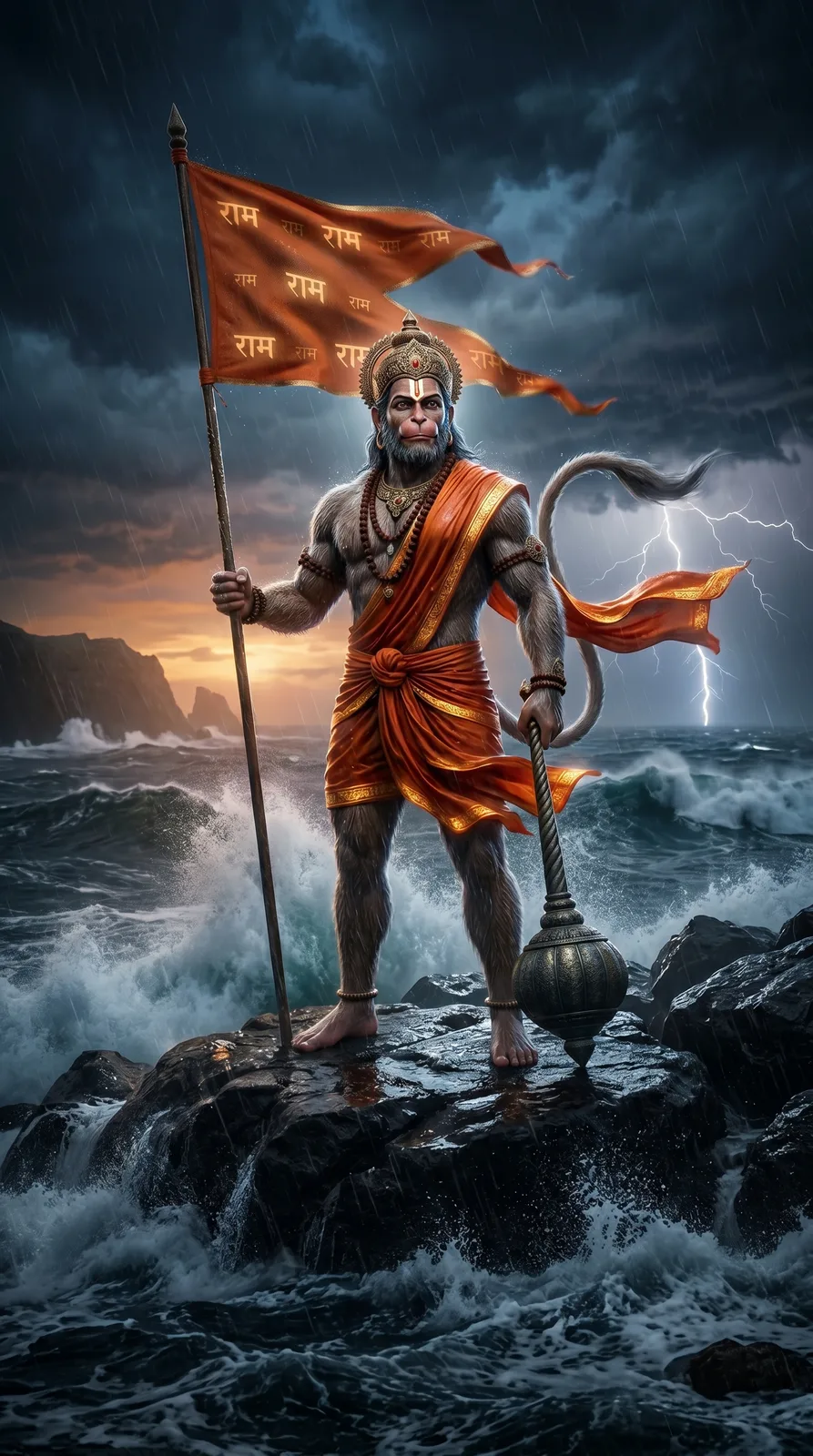 Hanuman holding Ram flag on stormy seashore cinematic AI art prompt