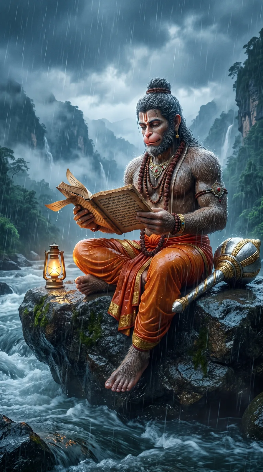 Hanuman reading sacred scripture by river cinematic devotional AI prompt