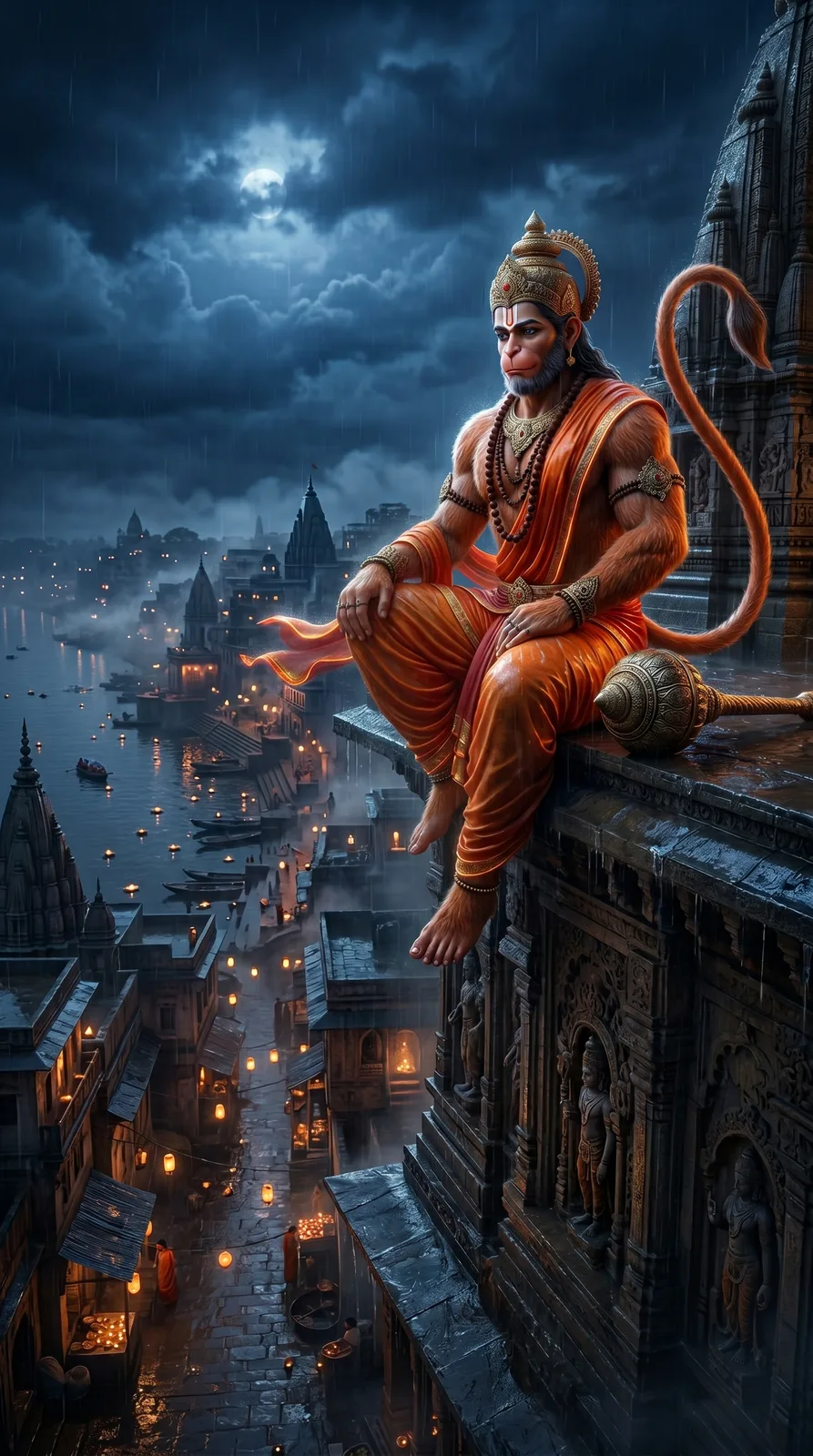 Hanuman watching holy city from temple rooftop cinematic AI art prompt