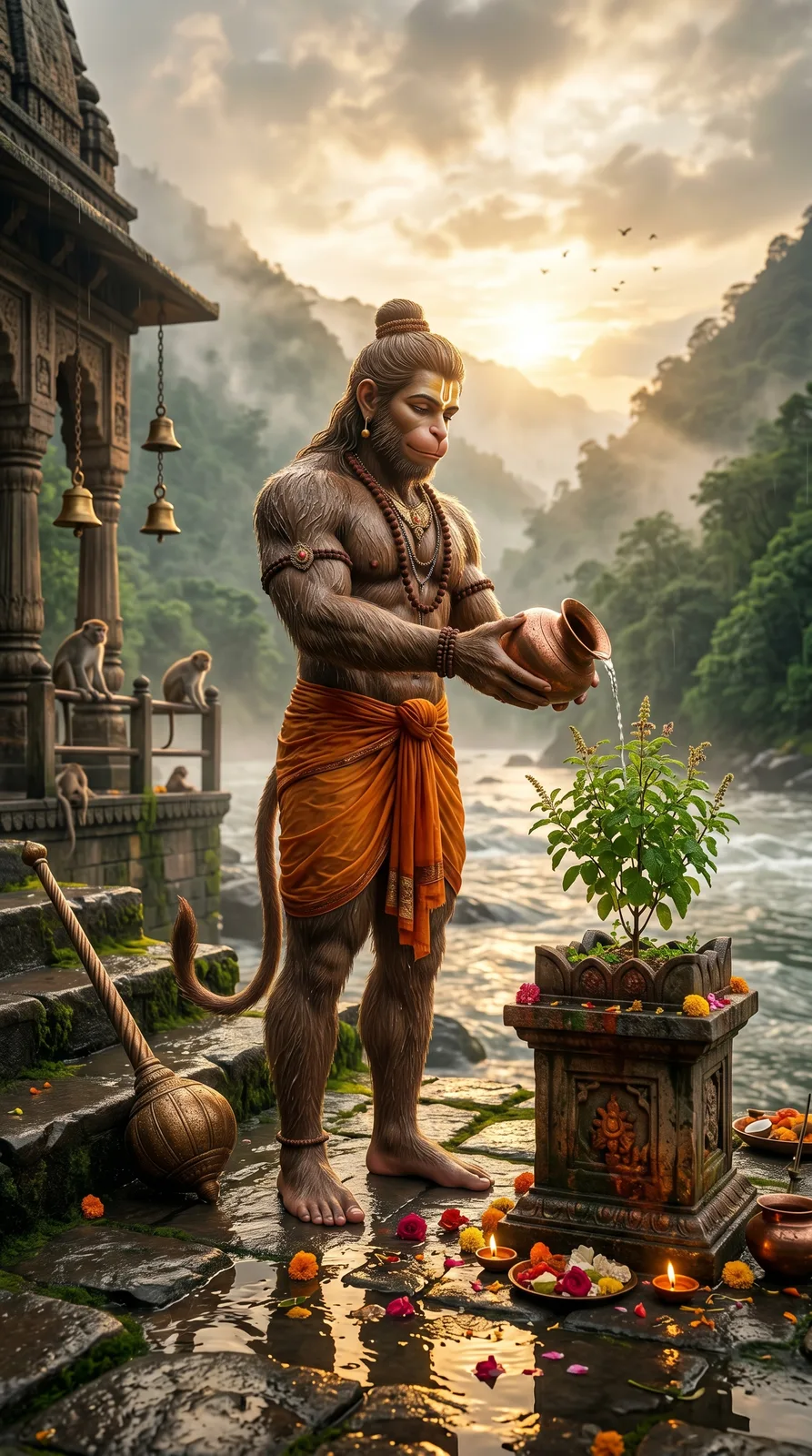 Hanuman watering sacred tulsi plant devotional AI art prompt