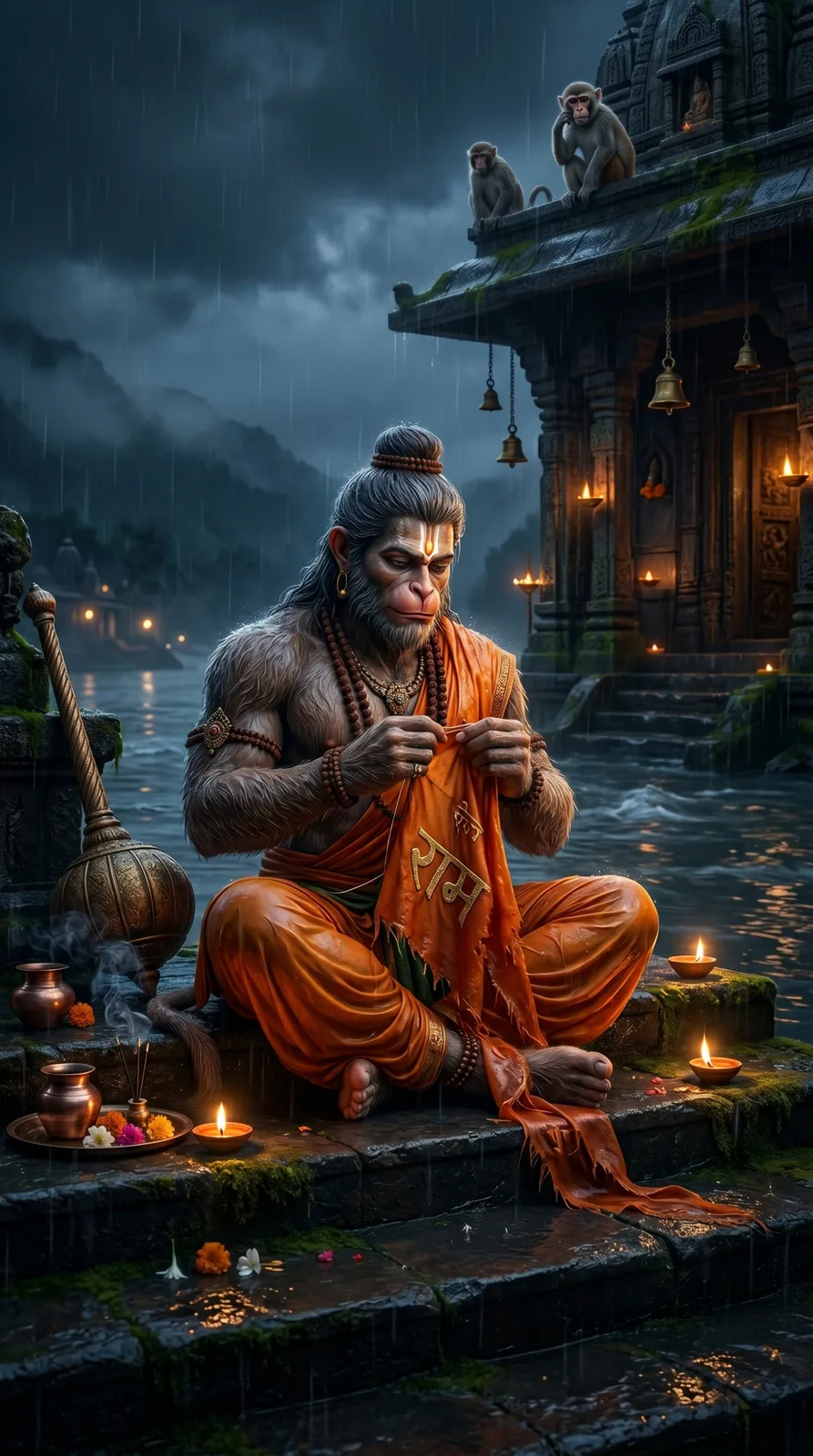 Hanuman stitching Ram name cloth during rain cinematic AI prompt
