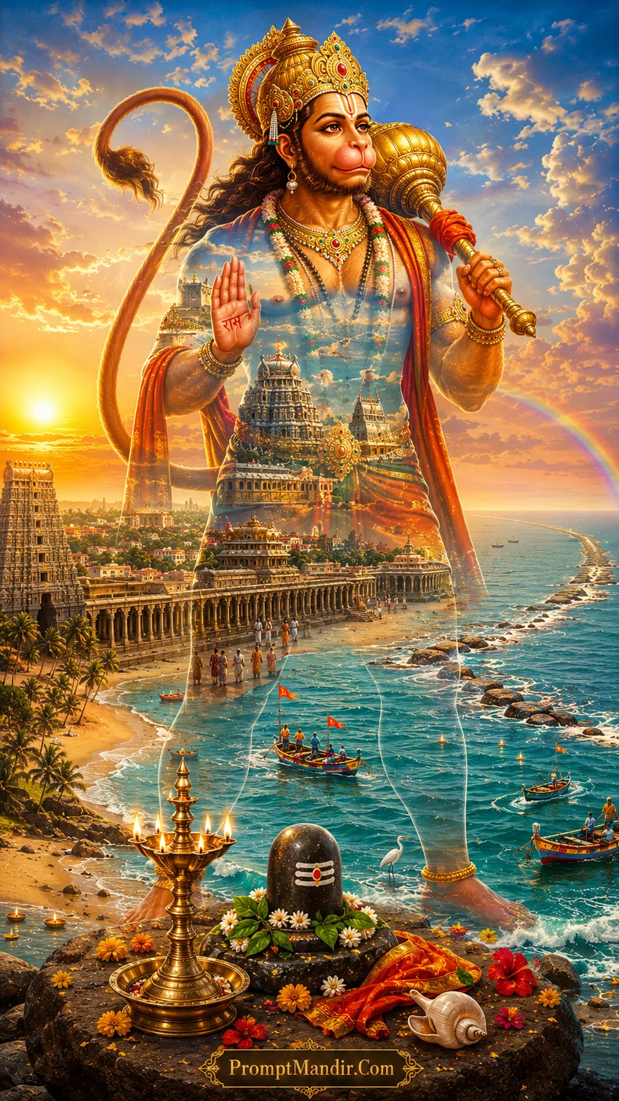 Lord Hanuman with golden mace above sacred coastal temples and ocean