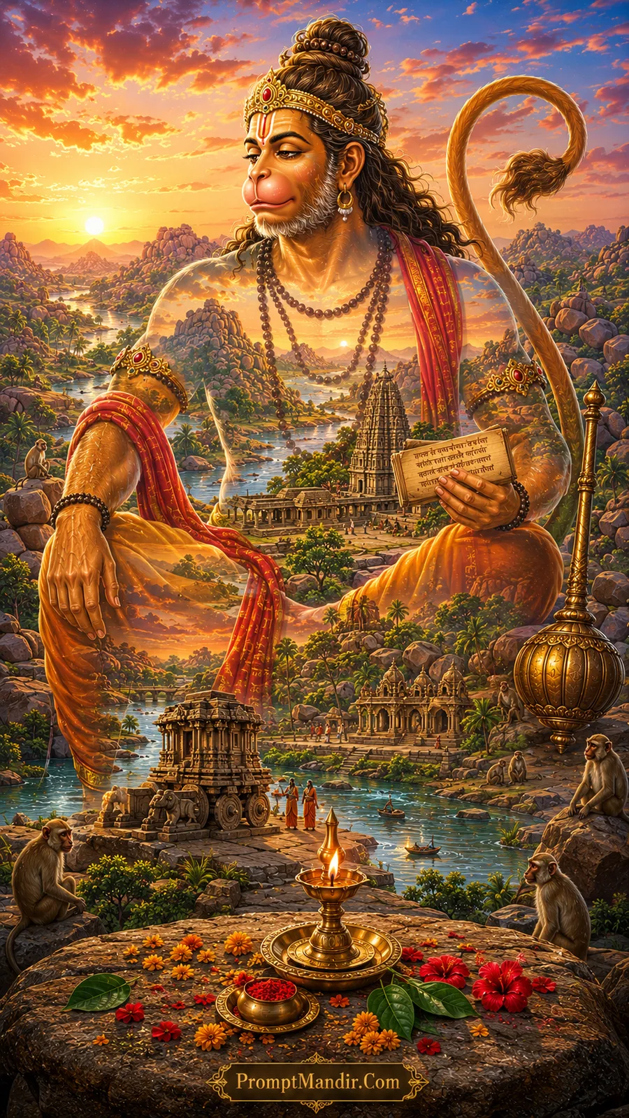 Meditative Lord Hanuman seated among rivers temples and rocky hills
