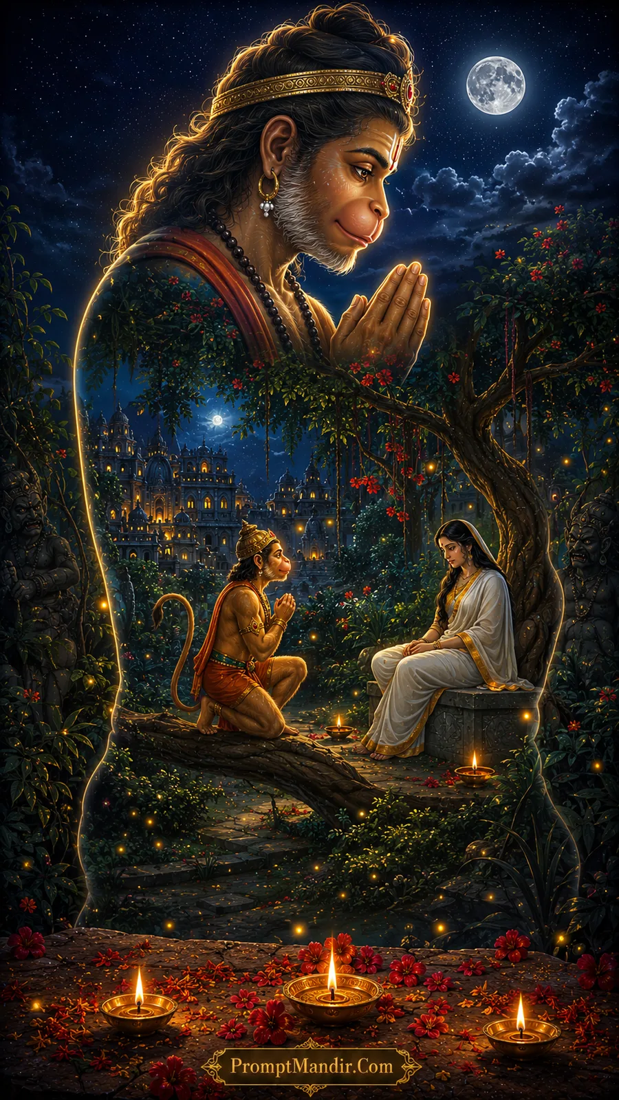 Prayerful Hanuman beneath moonlit sky with Sita in sacred garden