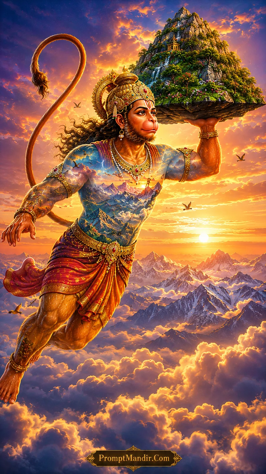 Flying Lord Hanuman carrying mountain across glowing Himalayan clouds