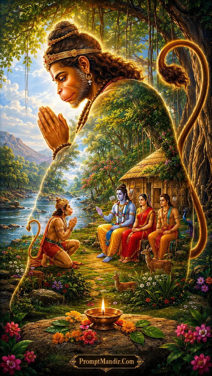 Lord Hanuman bowing before Ram Darbar in peaceful forest setting