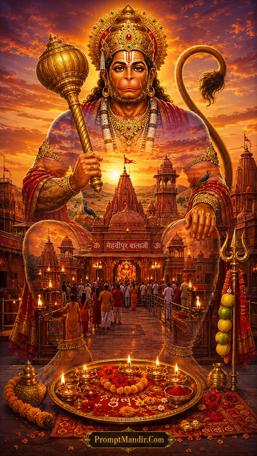 Majestic Hanuman standing above illuminated temple courtyard during sunset