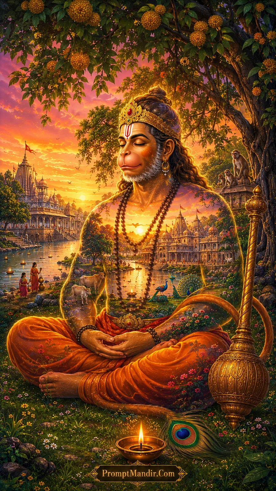 Meditating Hanuman beside temples lakes peacocks and flowering gardens