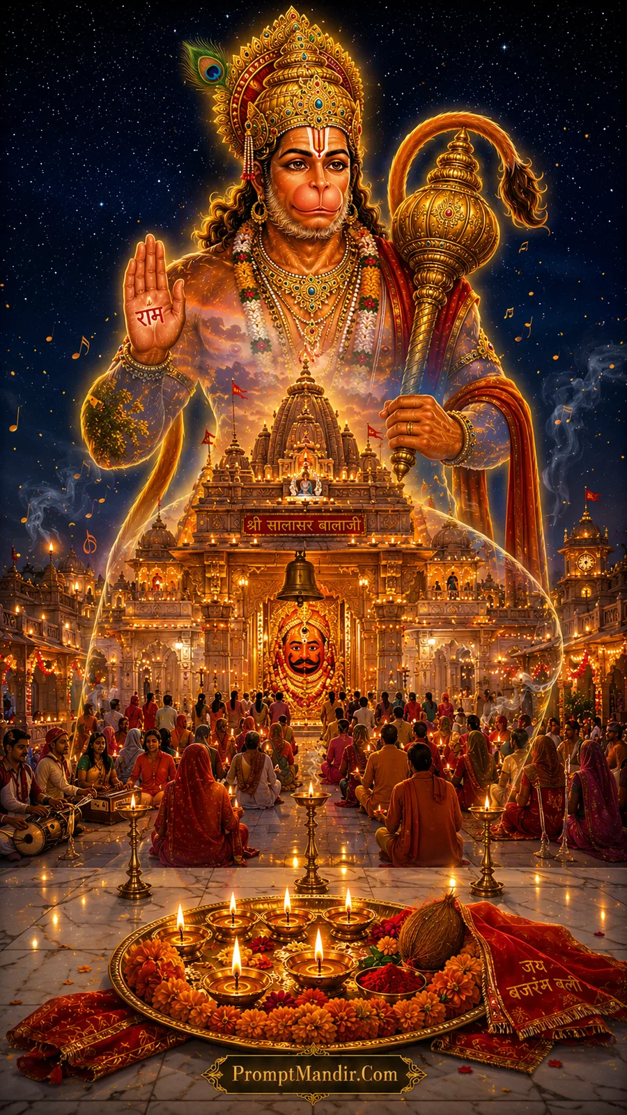 Blessing Hanuman above vibrant temple celebration under starry night