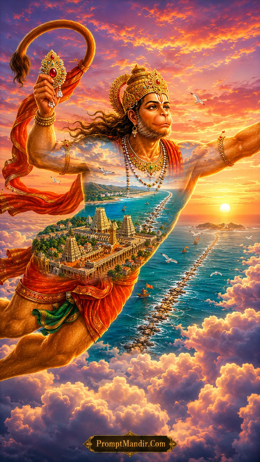 Flying Hanuman above ocean bridge and magnificent coastal temple