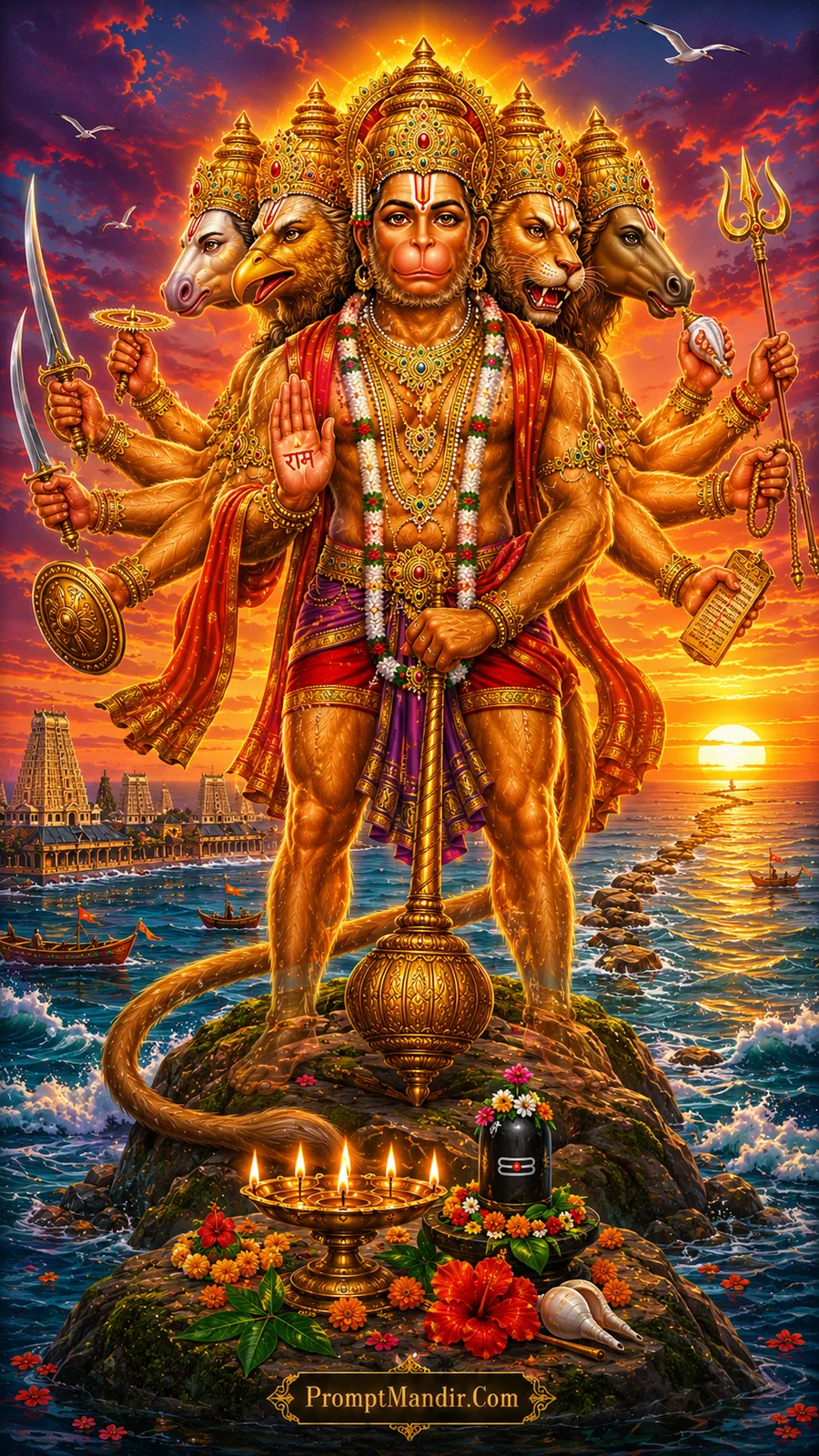 Panchamukhi Hanuman standing beside ocean with sacred devotional symbols