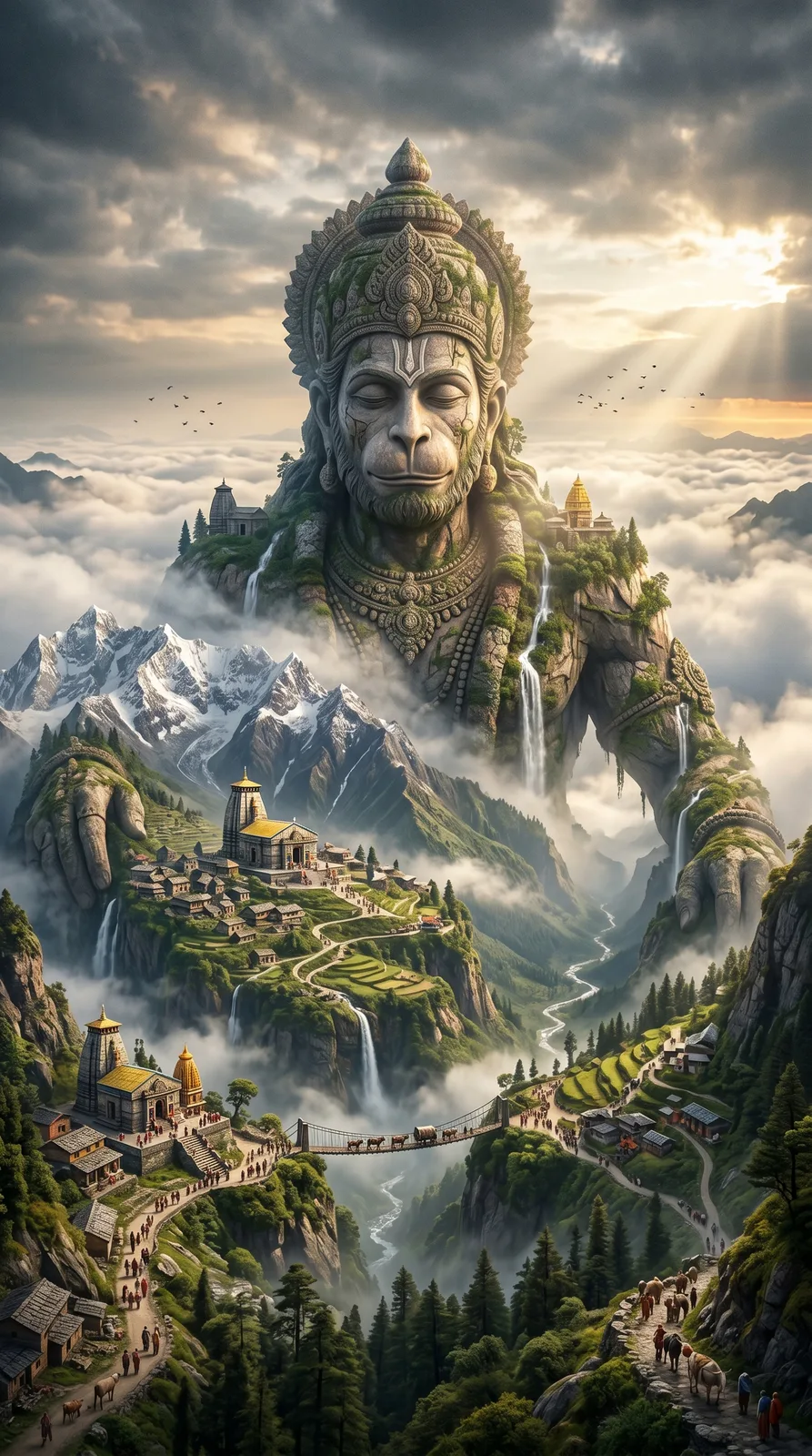 Hanuman giant mountain statue above cloud kingdom cinematic AI art prompt