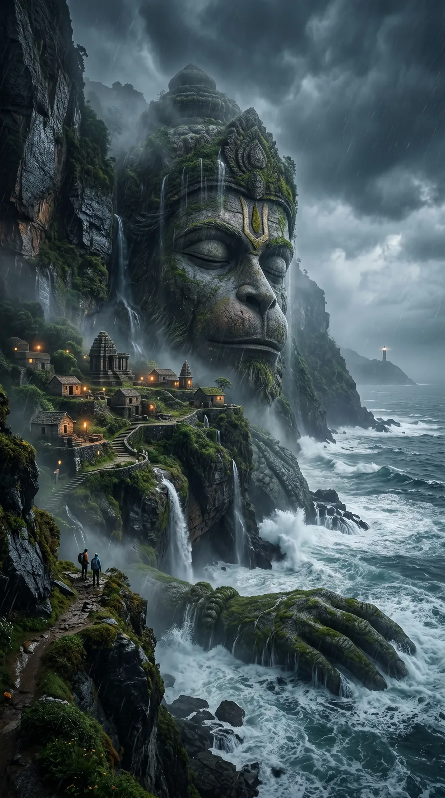 Hanuman cliffside ocean temple storm cinematic AI art prompt