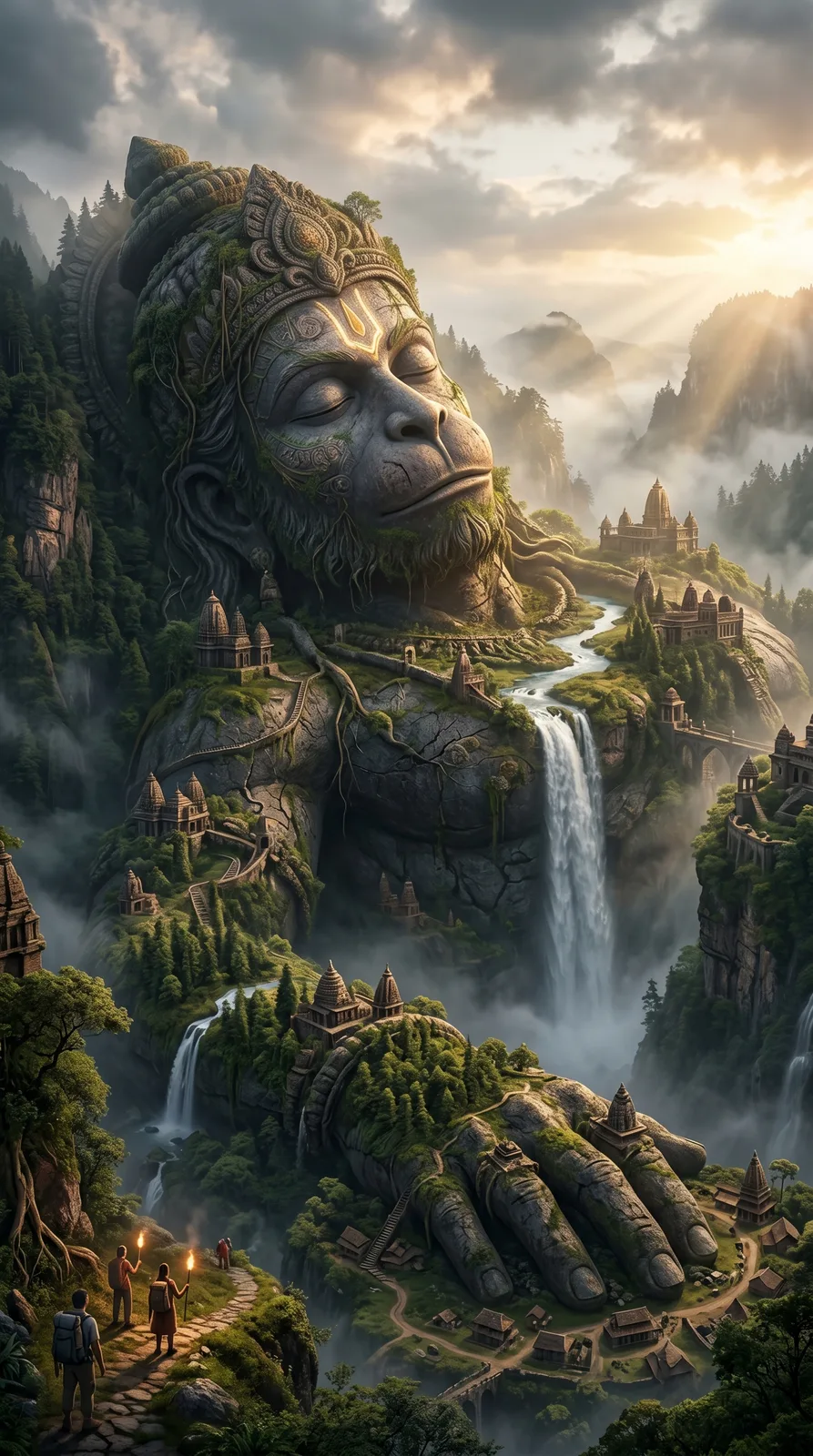 Hanuman sleeping mountain face waterfall valley AI art prompt