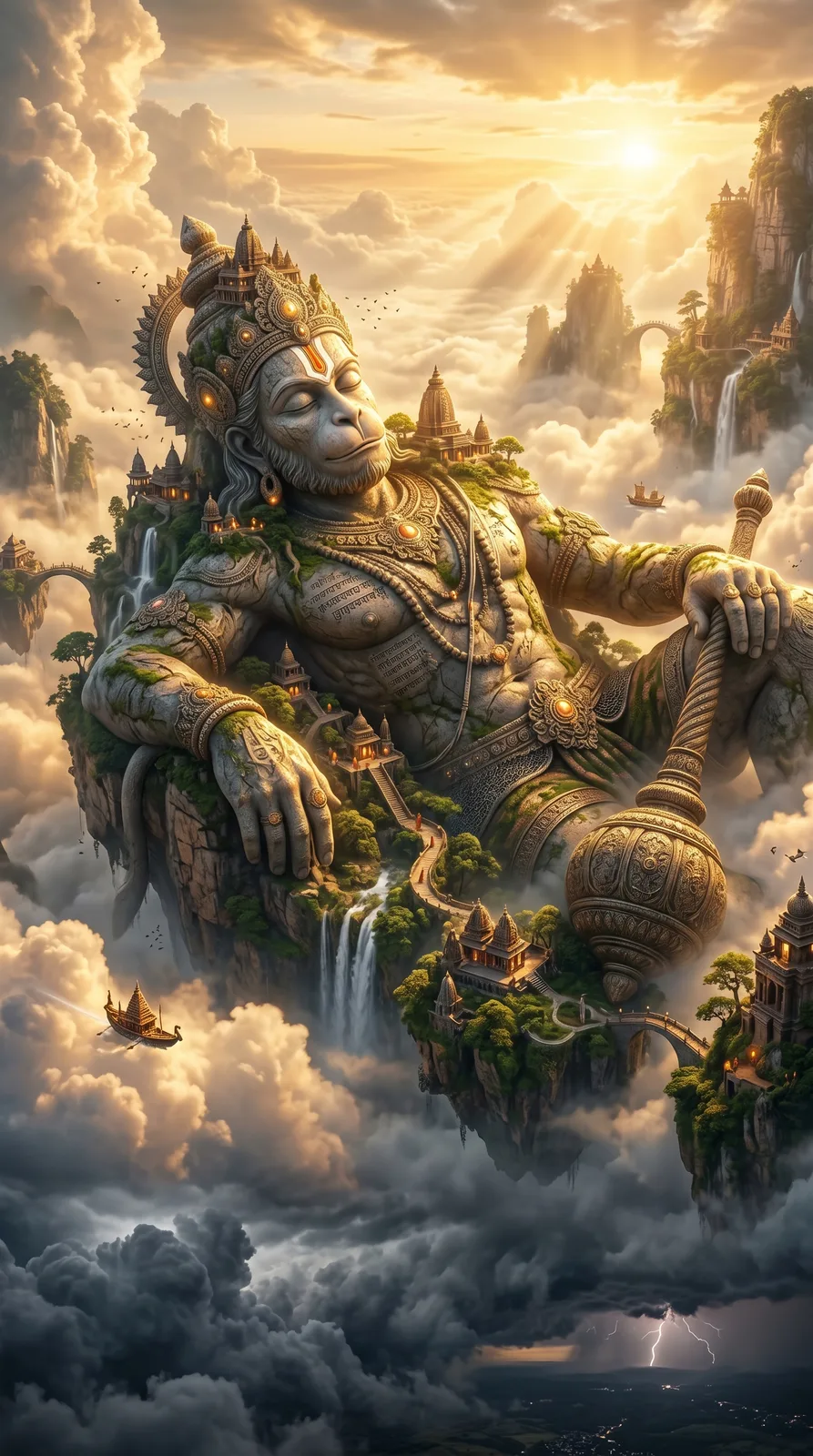 Hanuman celestial cloud kingdom resting deity AI art prompt