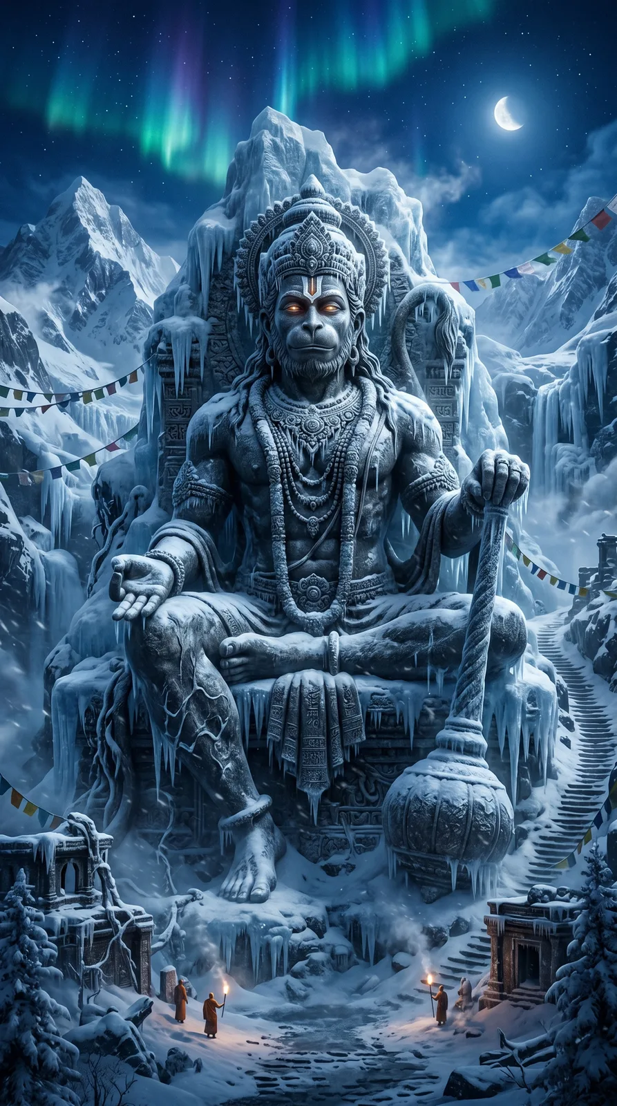 Frozen Hanuman Himalayan throne northern lights AI art prompt