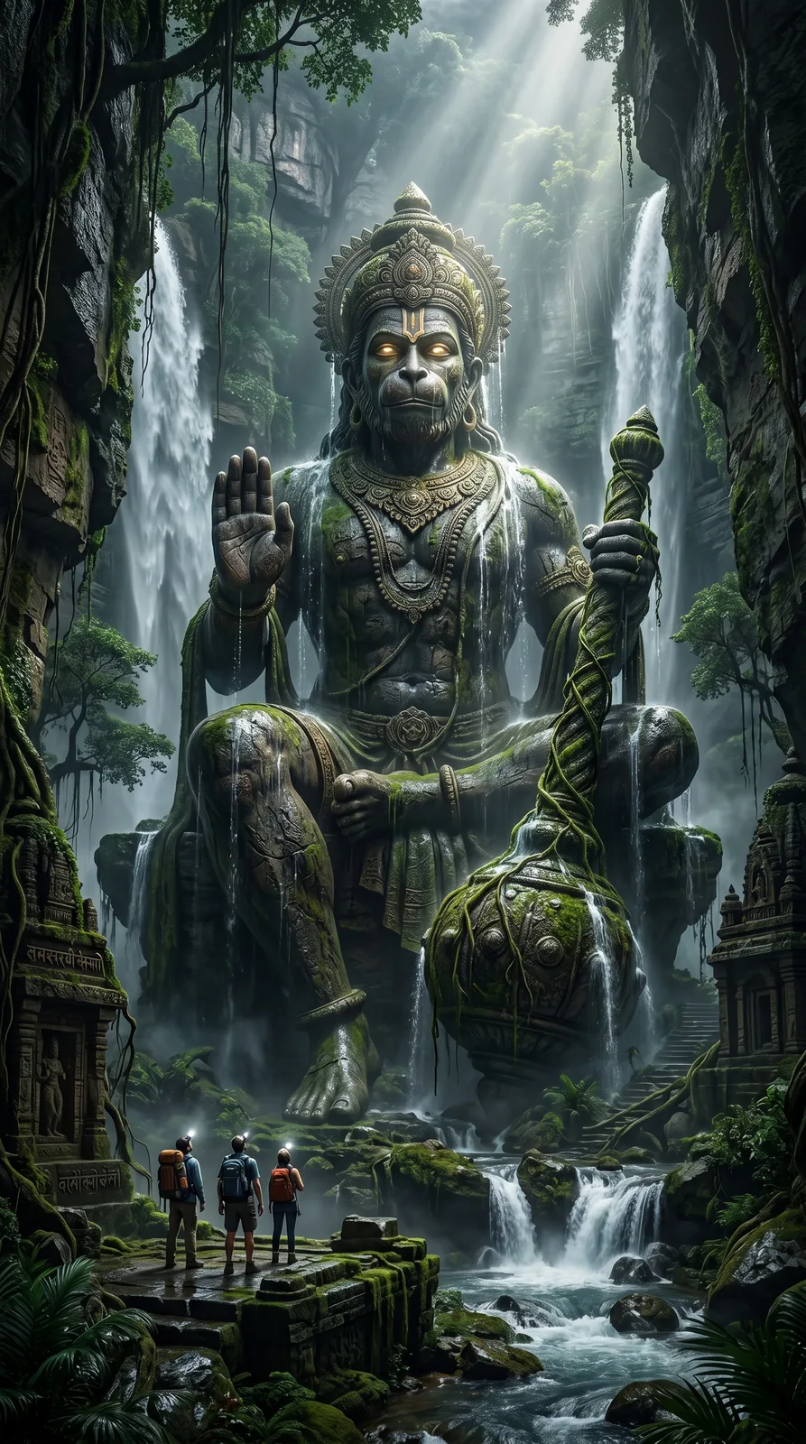 Hanuman jungle waterfall guardian statue AI art prompt