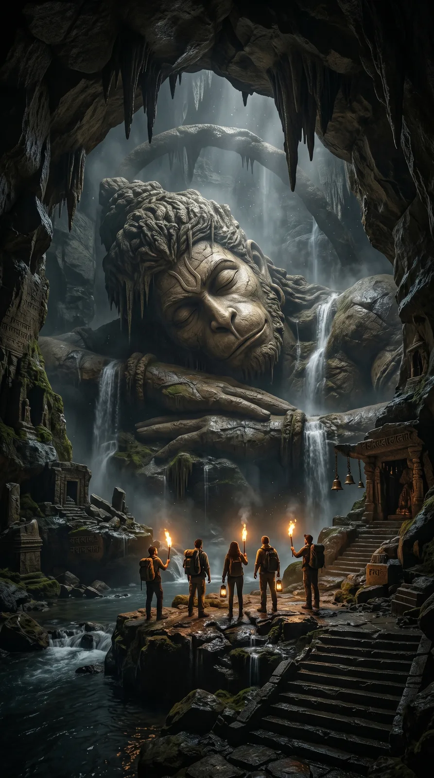 Sleeping Hanuman cave sanctuary waterfall AI art prompt