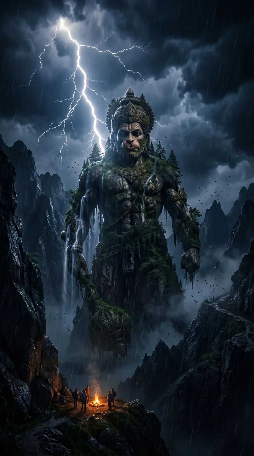 Hanuman thunderstorm giant guardian lightning AI art prompt